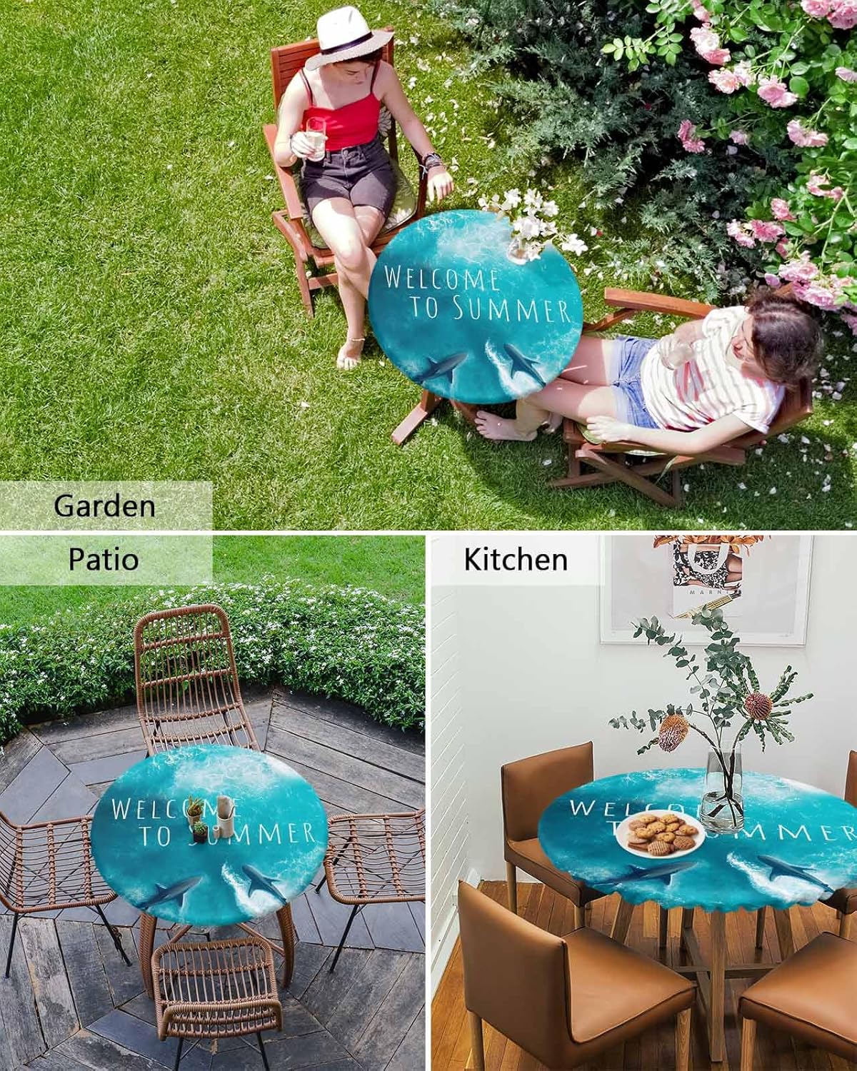 Fitted Round Tablecloths Table Covers 36-44in,Ocean Shark Welcome to Summer Text Waterproof Elastic Edged Table Cloth for Kitchen Dining Holiday Party Tables Decor,Watercolor Marine Theme 44" (Round) Blue Aqua White image 6 of 6 B0F2S3SQ4W