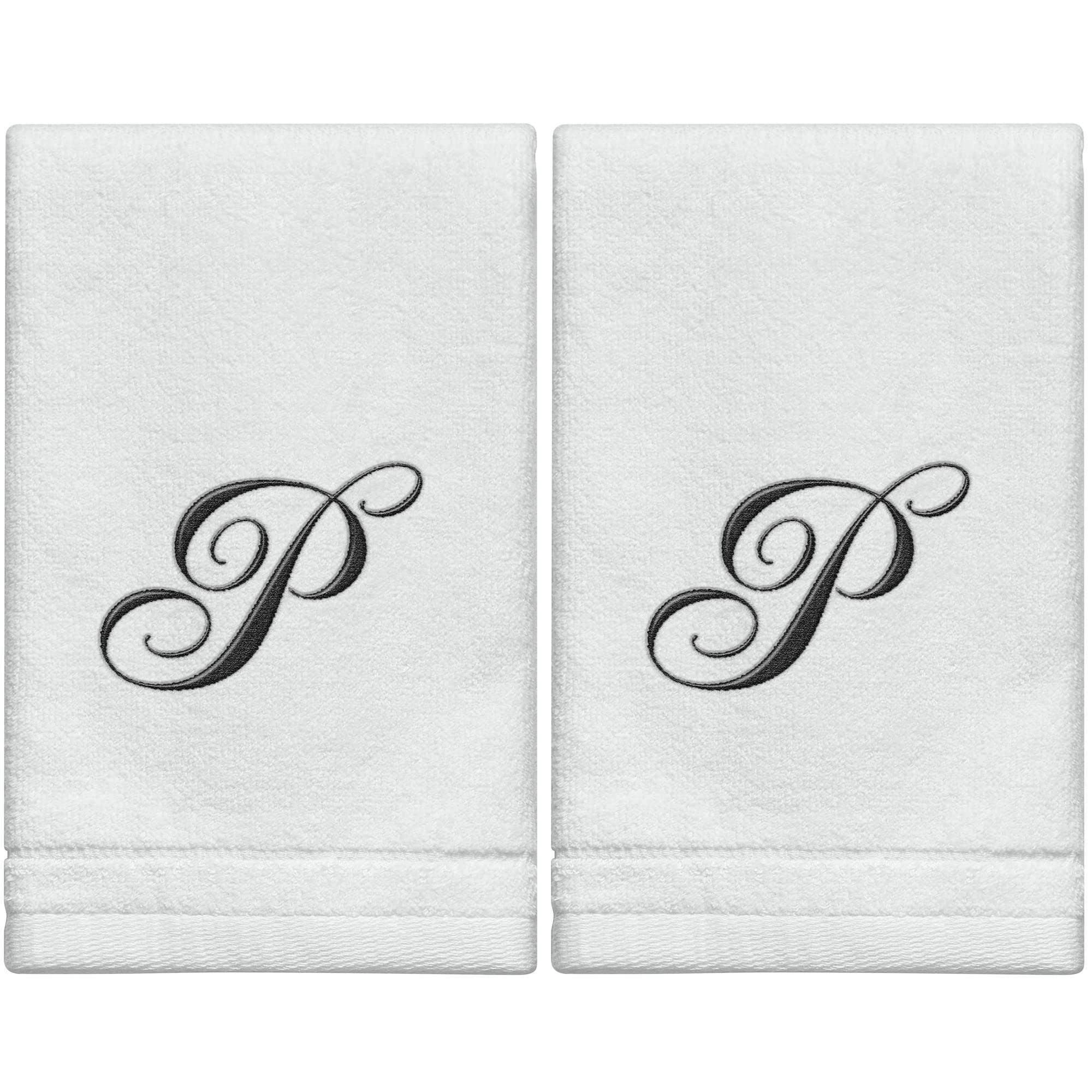 Toallas con Monograma, Regalo Personalizado, 11 x 18 Pulgadas, Juego de 2, Toallas Bordadas Negras, 100% algodón, Acabado de Terciopelo Suave, para baño, Cocina, SPA, Inicial P (Blanco)