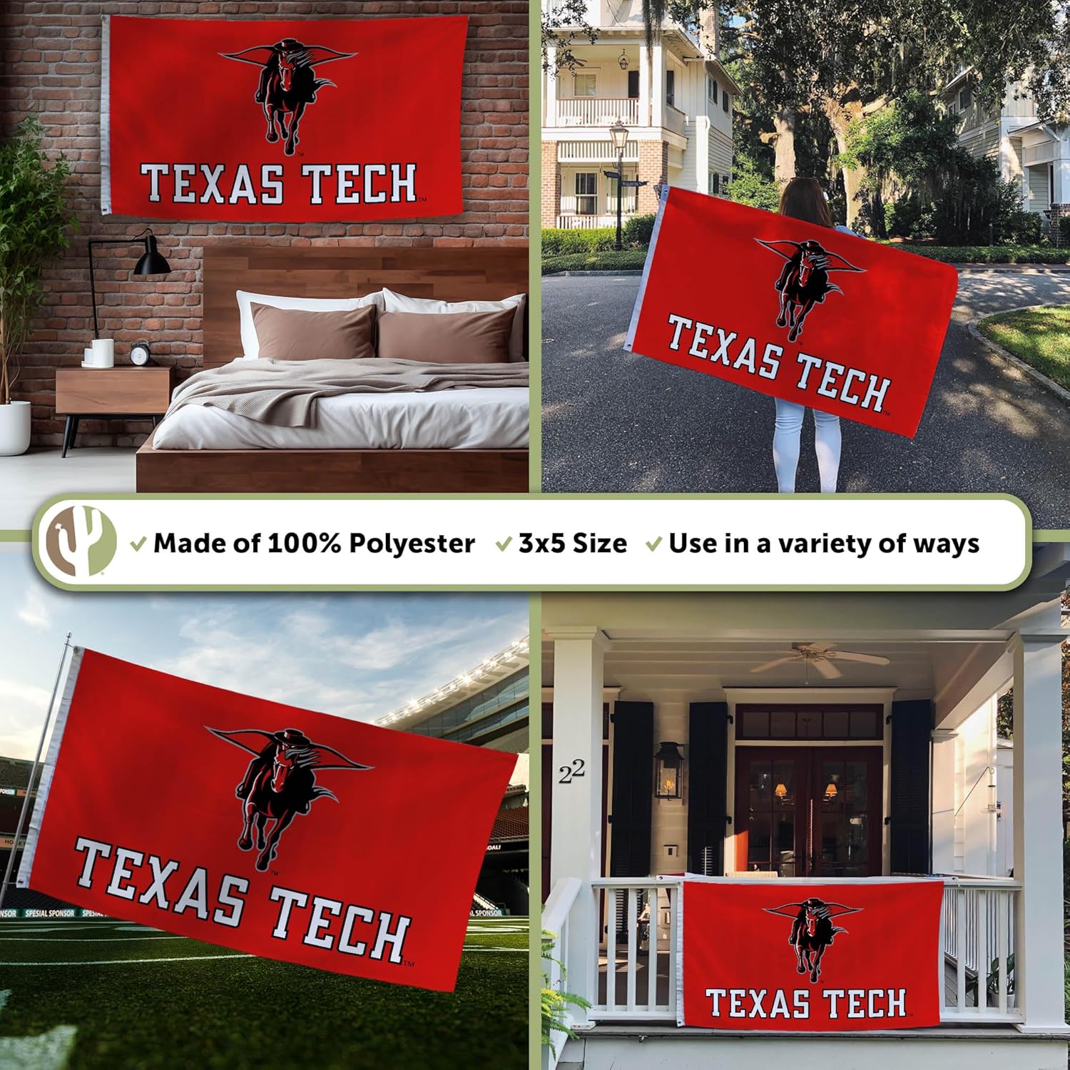 Desert Cactus Texas Tech University TTU Flag - 3 x 5 Feet Raiders Banner, Indoor/Outdoor Durable Fabric, 100% Polyester Design (Style 4) - Image 3