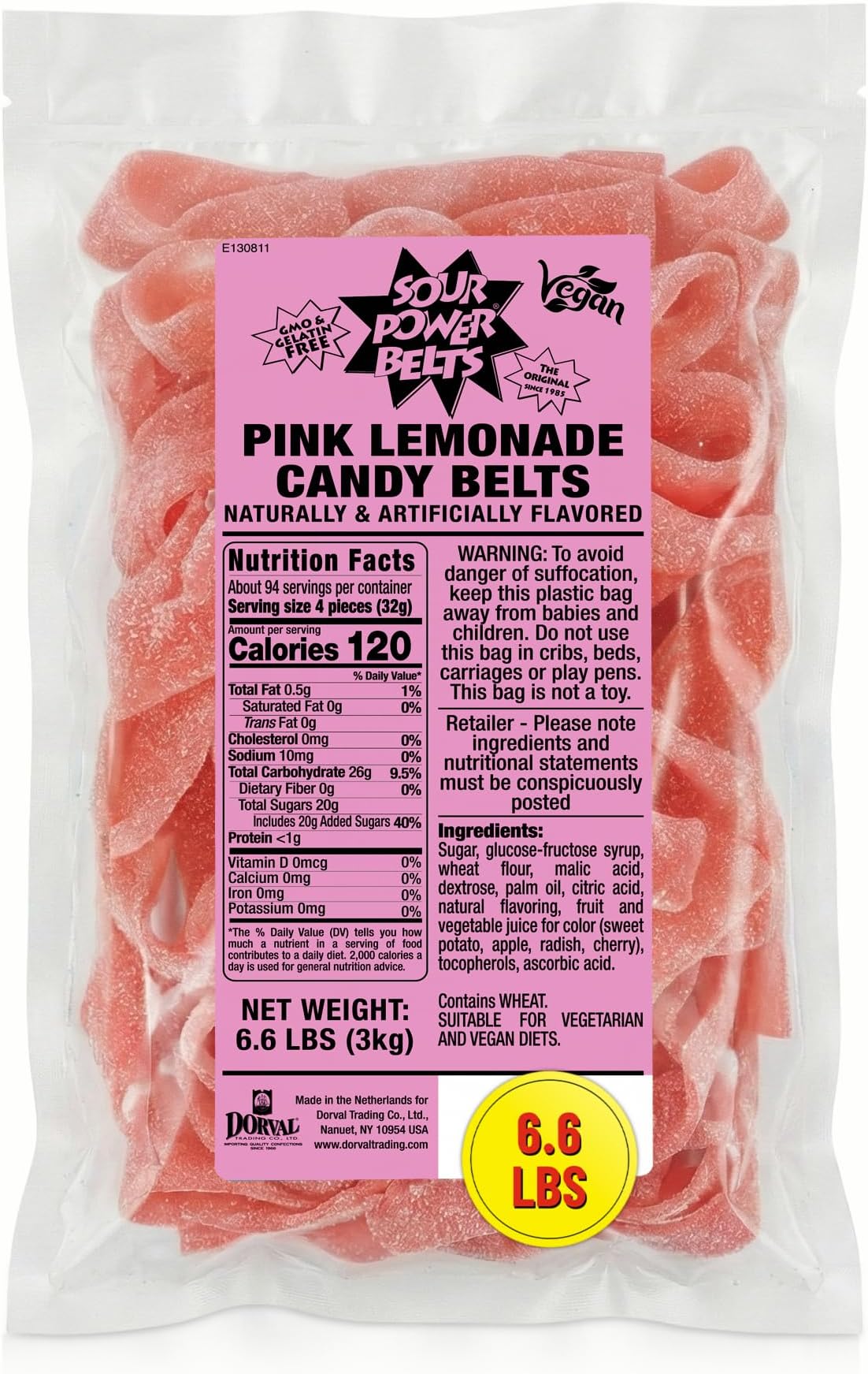Sour Power Premium Candy Belts, Pink Lemonade, 6.6 lb
