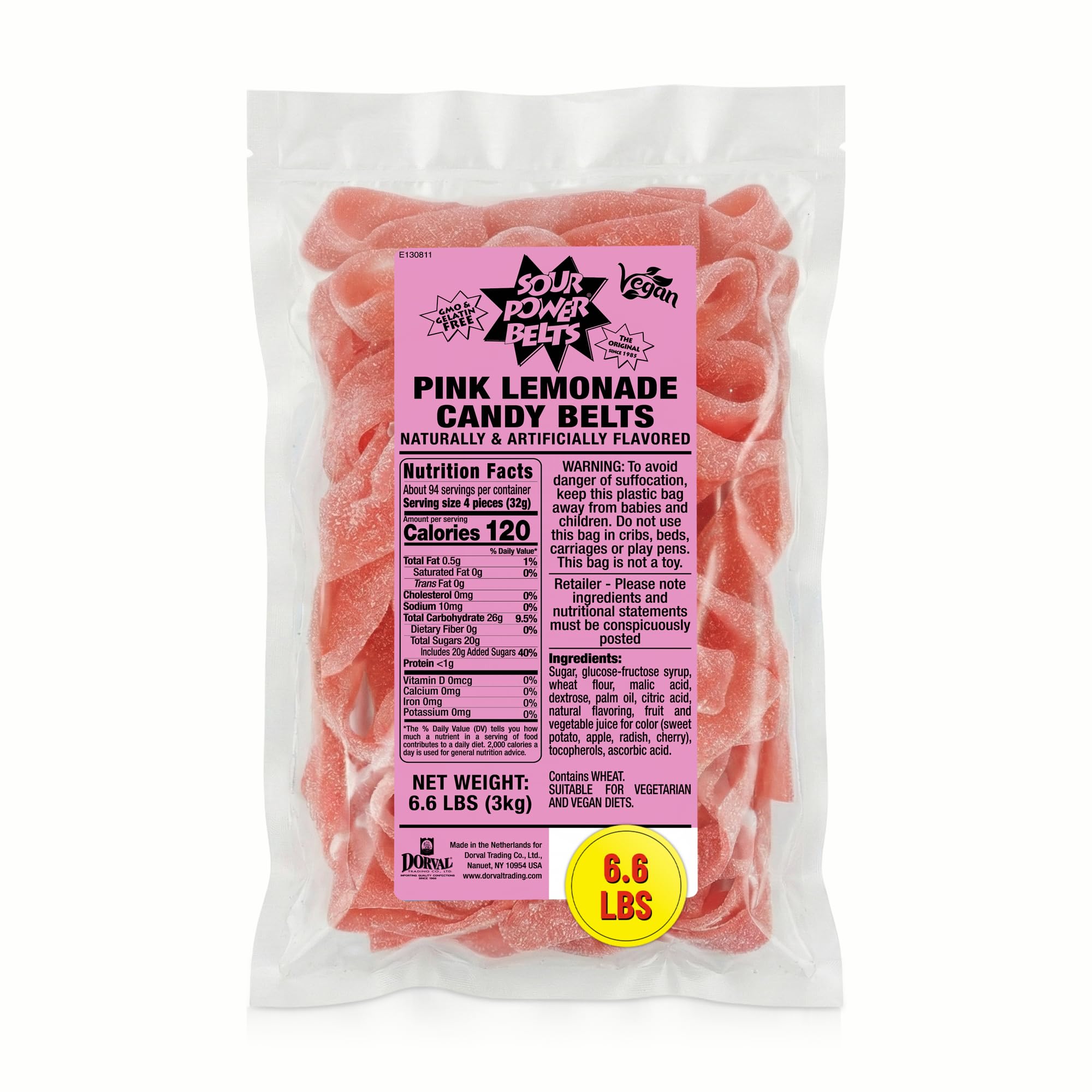 Sour Power Premium Candy Belts, Pink Lemonade, 6.6 lb
