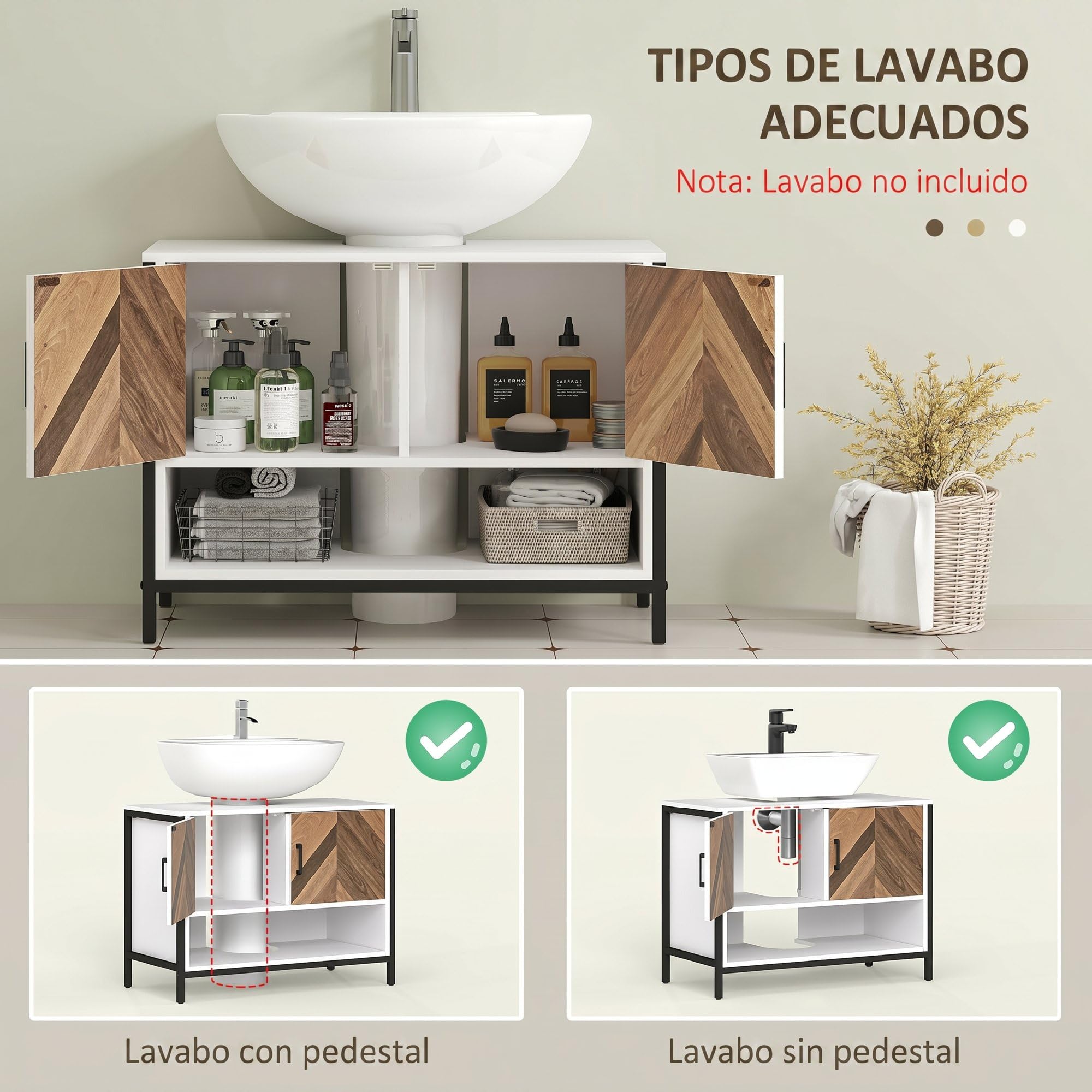 HOMCOM Mueble Bajo Lavabo de Baño con 2 Puertas 80x40x60 cm Crema y Nogal | Mueble de Baño, Patrón en Espiga, Compartimento Abierto, para Lavabo con Pedestal o con Pie