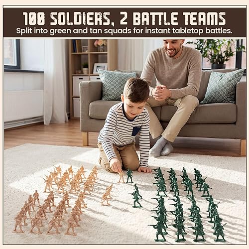 Miniatura 2 de Shindel 100 piezas de soldados de juguete del ejército para hombres, juego de plástico para hombres, figuras de soldado verde y amarillo, 8 poses