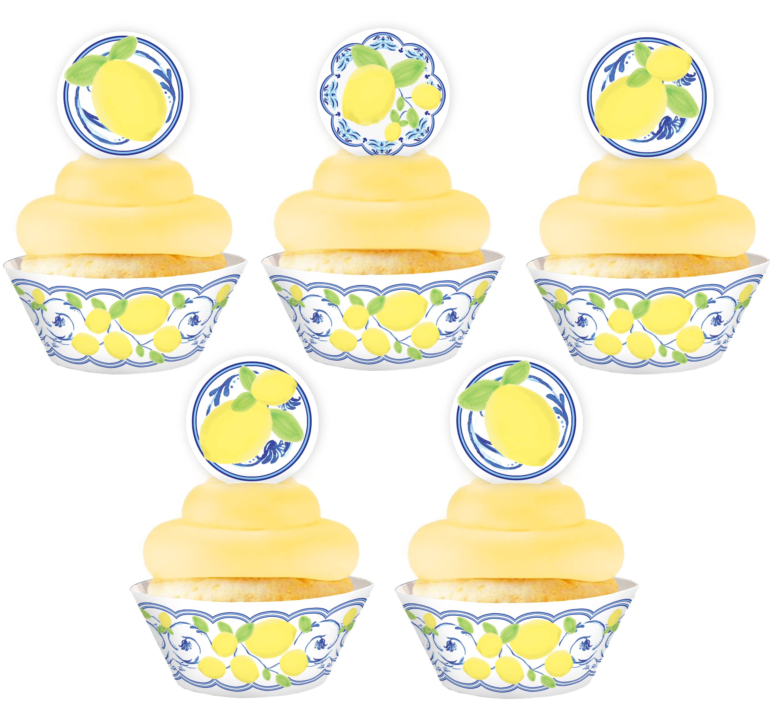 Capri Lemon Cupcake Kit - 48 Pieces - 24 Cupcake Toppers and Wrappers - 40th 50th 60th Birthday Party - Blue Tile Party Decorations - Blue Tile Party
