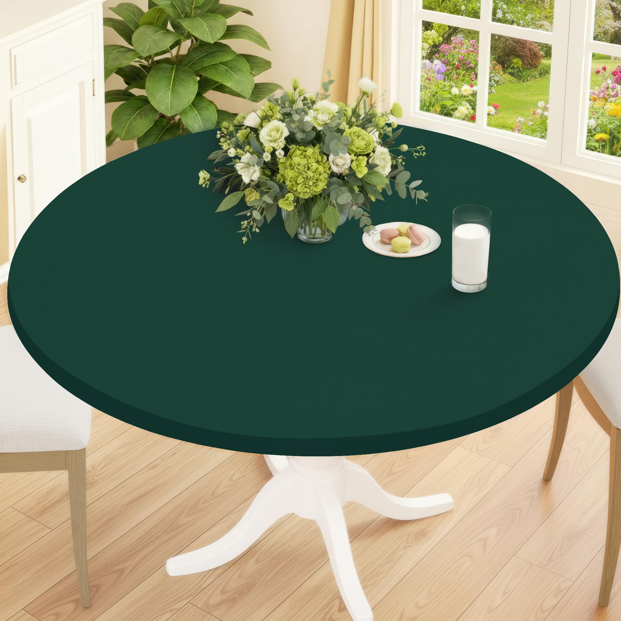 Photo 1 of Smiry Round Spandex Tablecloth, Elastic Fitted Washable Tablecloths for 57"-68" Tables, Waterpoof Stretch Picnic Table Cover for Dining, Indoor and Outdoor, Hunter Green