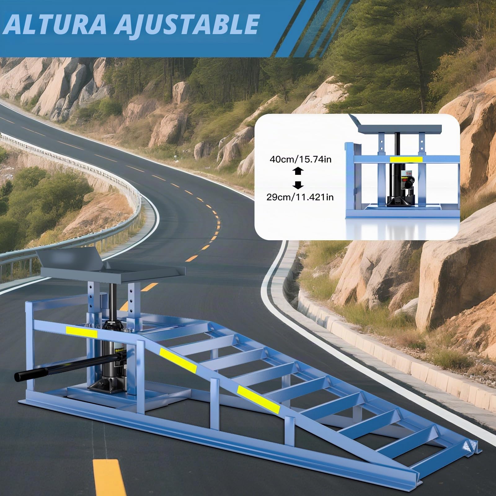 2 rampas de coche resistentes, capacidad de 5 toneladas (5000 kg), rampas hidráulicas de alta carga con tiras reflectantes para un uso nocturno seguro, altura ajustable de 9.8 a 15 pulgadas, se puede