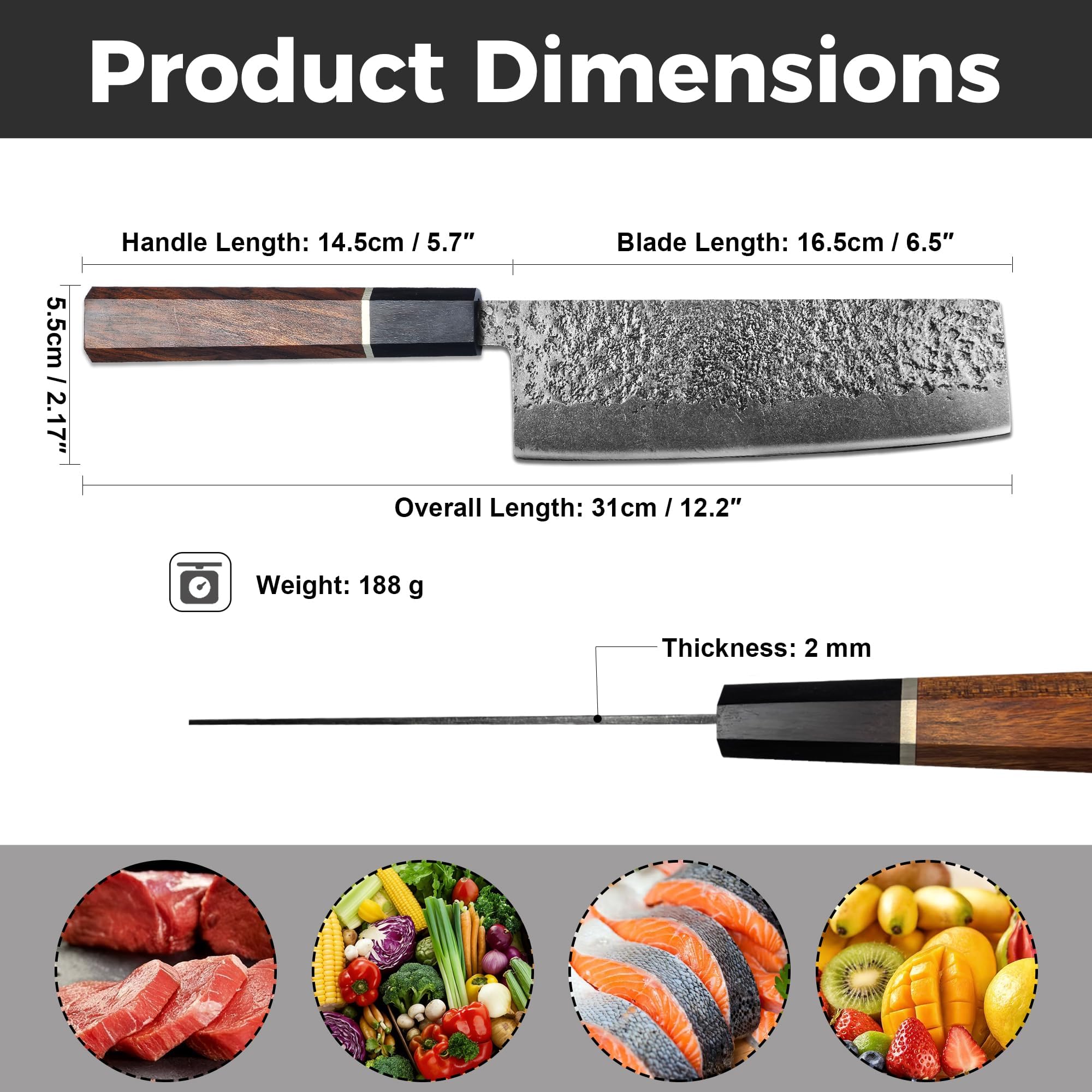 Kitory Cuchillo para verduras japonés Nakiri & Usuba 16,5 cm – Cuchillo de cocina profesional afilado con mango elegante de madera negra y remate de goma roja