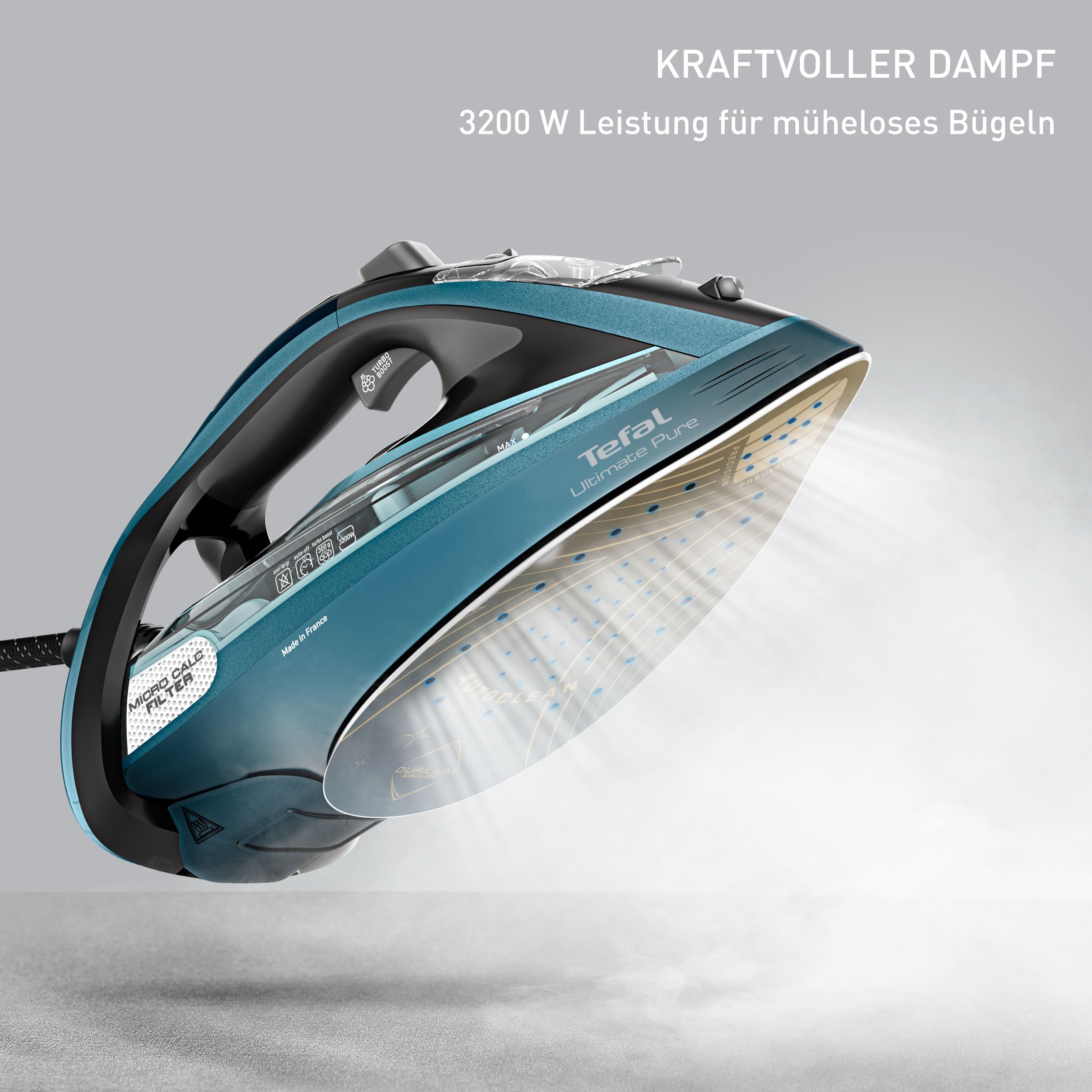Tefal Ultimate Pure Dampfbügeleisen, 3200 Watt, kraftvoller Dampf, 300 g/Min. extra Dampfstoß, AutoClean Bügelsohle, Micro Calc, Abschaltautomatik, Tropfstopp, Schwarz/Blau, FV9851E0