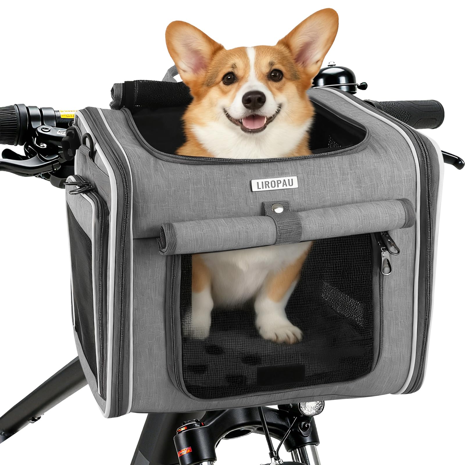 Cesta de bicicleta para perro, cesta delantera con 4 puertas abiertas, 4 ventanas de malla, cesta de bicicleta extensible y plegable en la parte delantera para gatos y perros de tamaño pequeño y