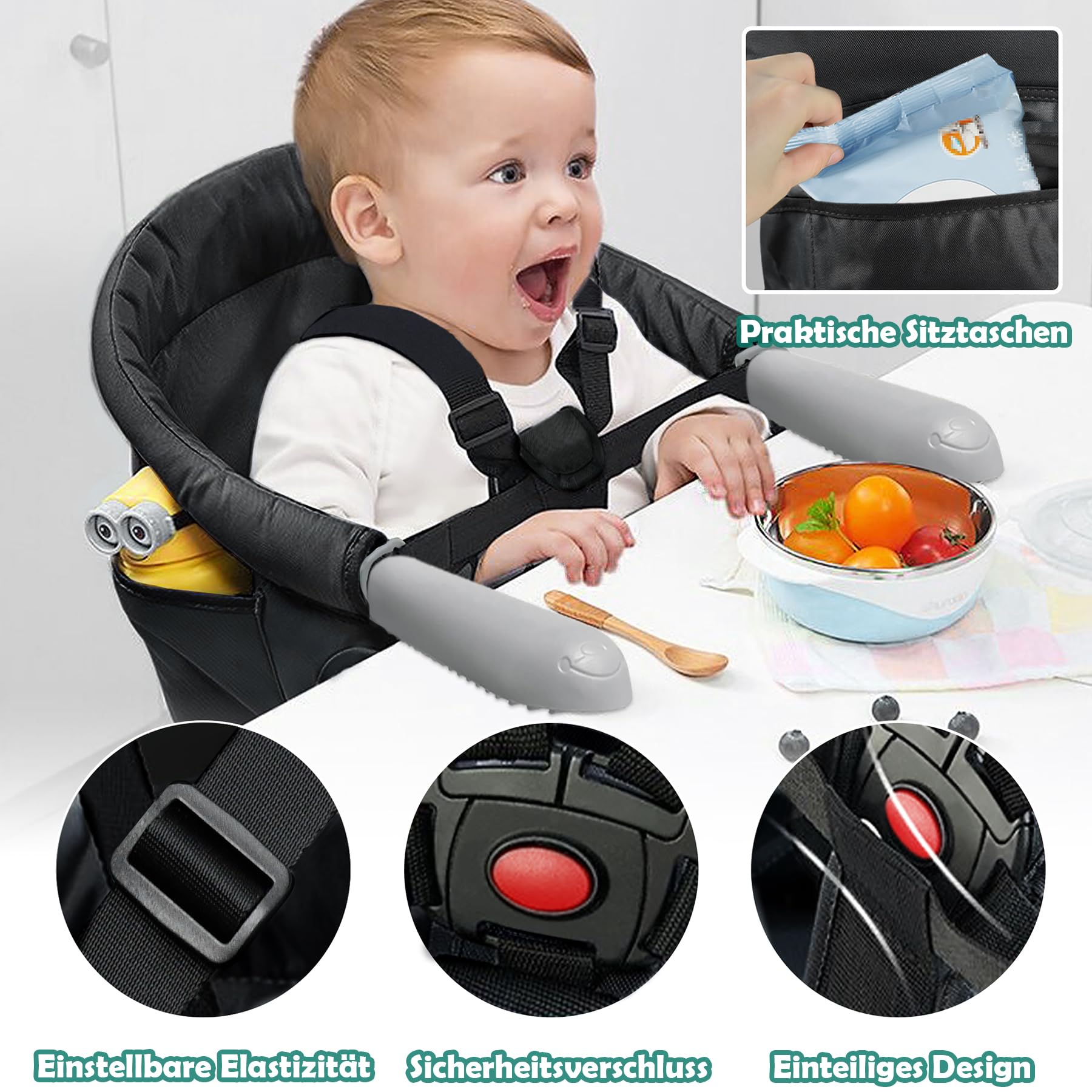 SUBTLETY Tischsitz Faltbar Babystuhl Babysitz mit Transporttasche Rutschfest Klemmen und Sitztasche Tragbarer Baby Hochstuhl für 2-8 cm Dicke Tisch Boostersitz Kinderstuhl Belastbarkeit 15 kg, Schwarz
