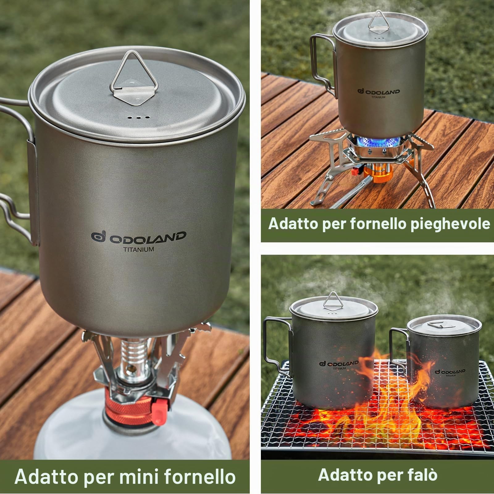 Odoland Tazza da caffè in titanio ultraleggera, portatile, da campeggio, con coperchio e forchetta per campeggio, escursionismo, viaggi e zaino in spalla