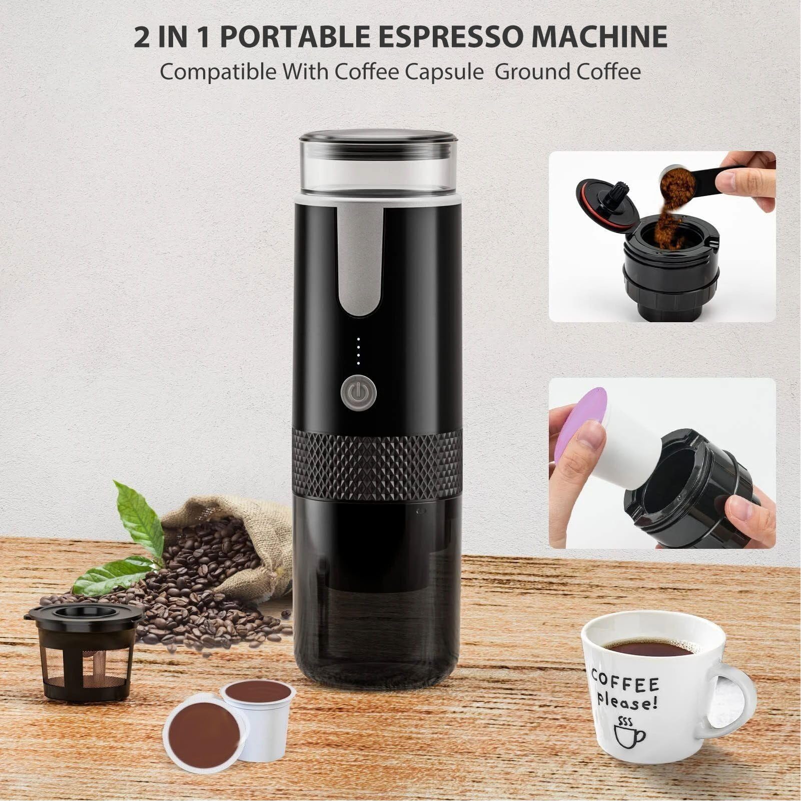 Jiawu Macchina da caffè Portatile, Macchina per caffè Espresso a Pressione Compatibile con Capsule K Cup e caffè Macinato, Caffettiera Portatile Ad Azionamento Manuale per il Campeggio