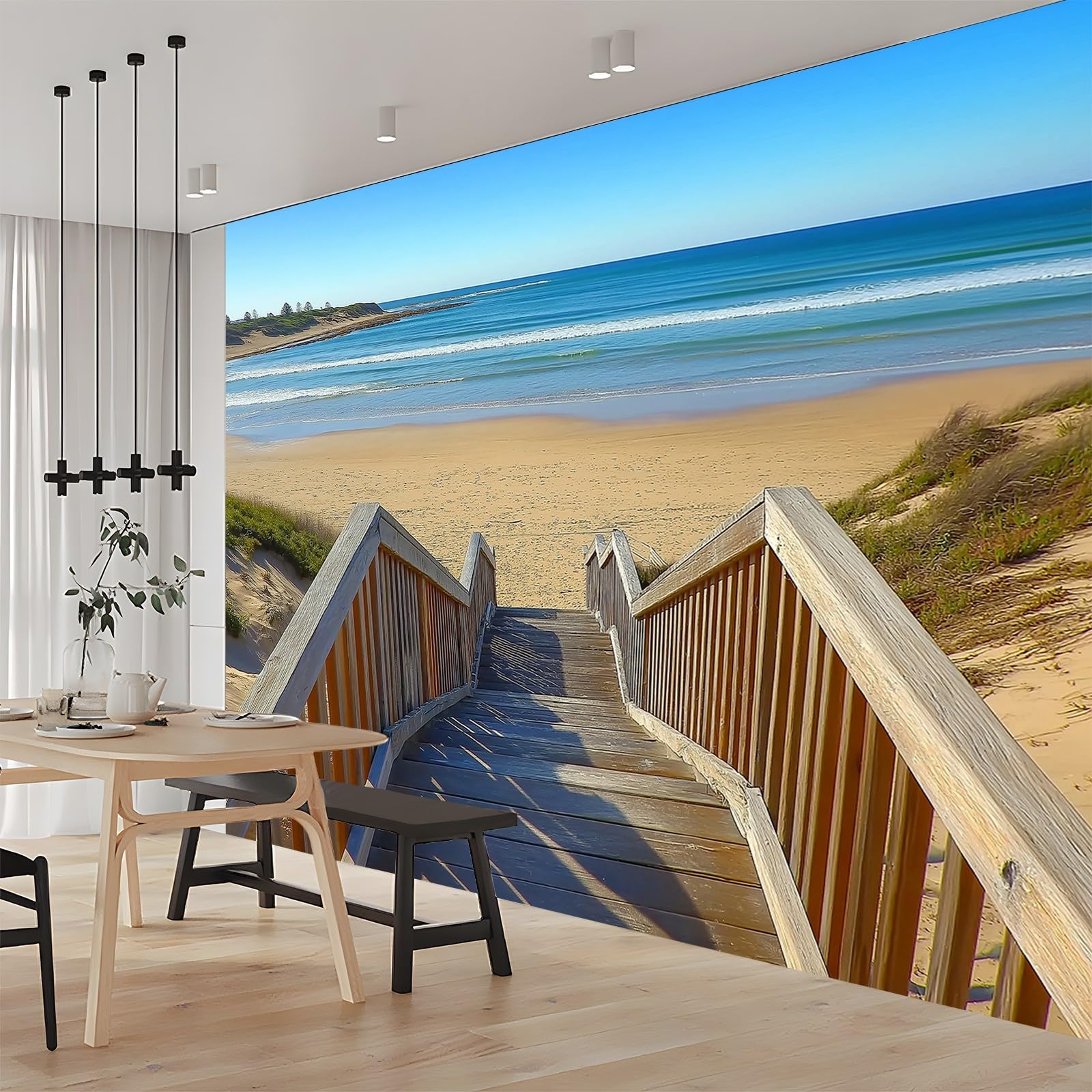 Wall Mural Photo Wallpaper Landscape Beach Sea Non-Woven Art Print Wall Mural Decoration Poster Picture Design Modern Living Room Kitchen Dining Room Bedroom Photo Wallpaper 350 x 256 cm Blue Brown — image 1