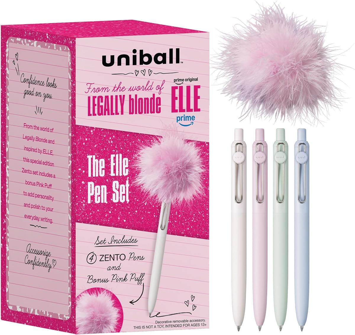 uniball™ The Elle Pen Set, Zento Gel Pens, Black Ink, 4 Count | Pink Puff included, 0.7mm Medium Point, Retractable, Smooth Writing, Quick-Drying, No Smear, No Bleed