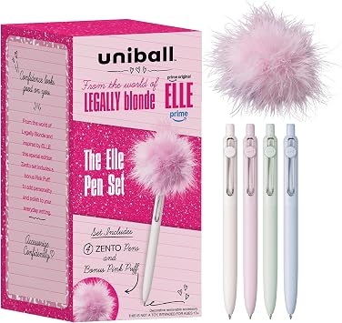 uniballTM The Elle Pen Set, Zento Gel Pens with Pink Puff, Black Ink, 0.7mm Medium Point, Retractable, 4 Count, Smooth Writing, Quick-Drying, No Smear, Fashion Barrel Colors