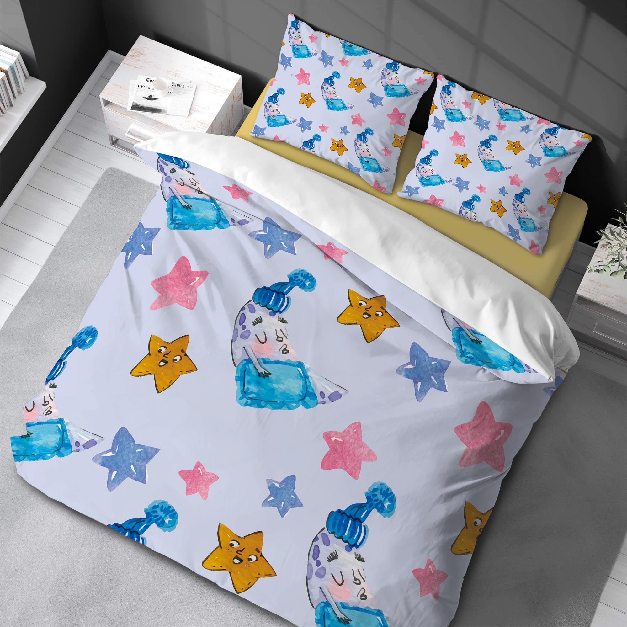 Juego de funda nórdica con estampado de estrellas y luna, juego de cama completo con estampado divertido y divertido, ropa de cama para niños, decoración de dormitorio 200x200cm -80x80cm*2