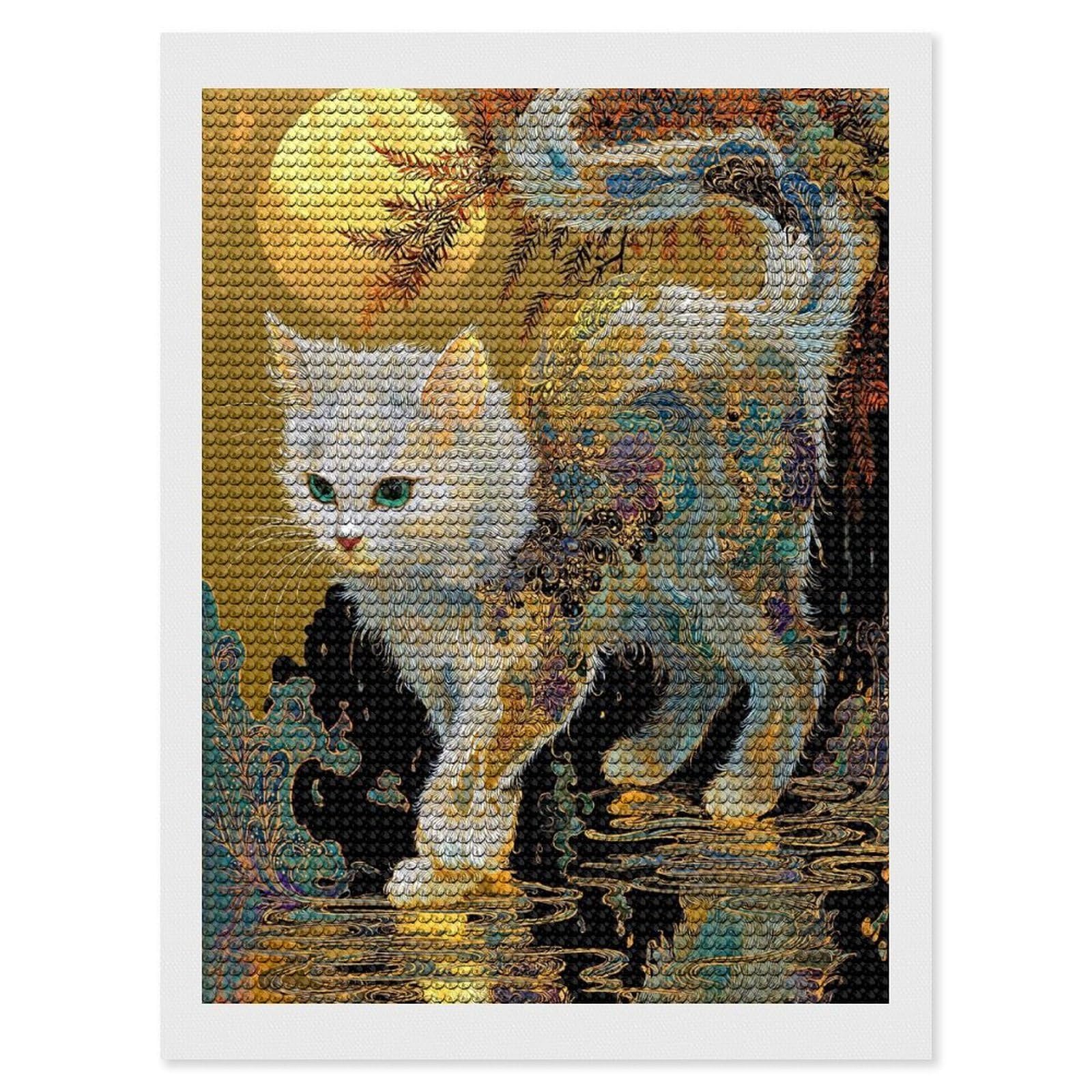 Junmoney Ornate Cat Under Moonlight Diamond Painting Set 12"x16", Sparkling Round Gems, Decorate Your Room, Fun Craft Experience, Modern Decor