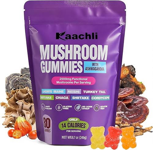 Ashwagandha & Gomitas de hongos de 500 mg  Complejo premium de 8 hongos (Reishi, melena de león, Cordyceps + 5 más)  Gomitas de hongos para
