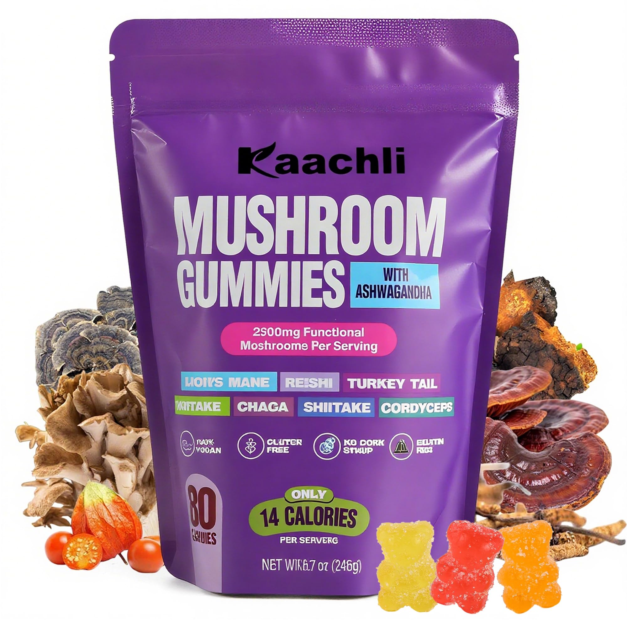 KAACHLI Gomas de ashwagandha e cogumelos 2.600 mg — 80 gomas