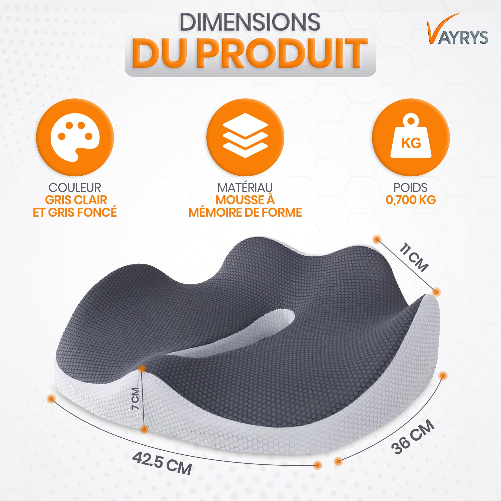 Coussin Ergonomique Assise – Mousse Mémoire de Forme – Coccyx, Bureau, Voiture – Soutien Lombaire, Respirant, Housse Amovible (Gris)