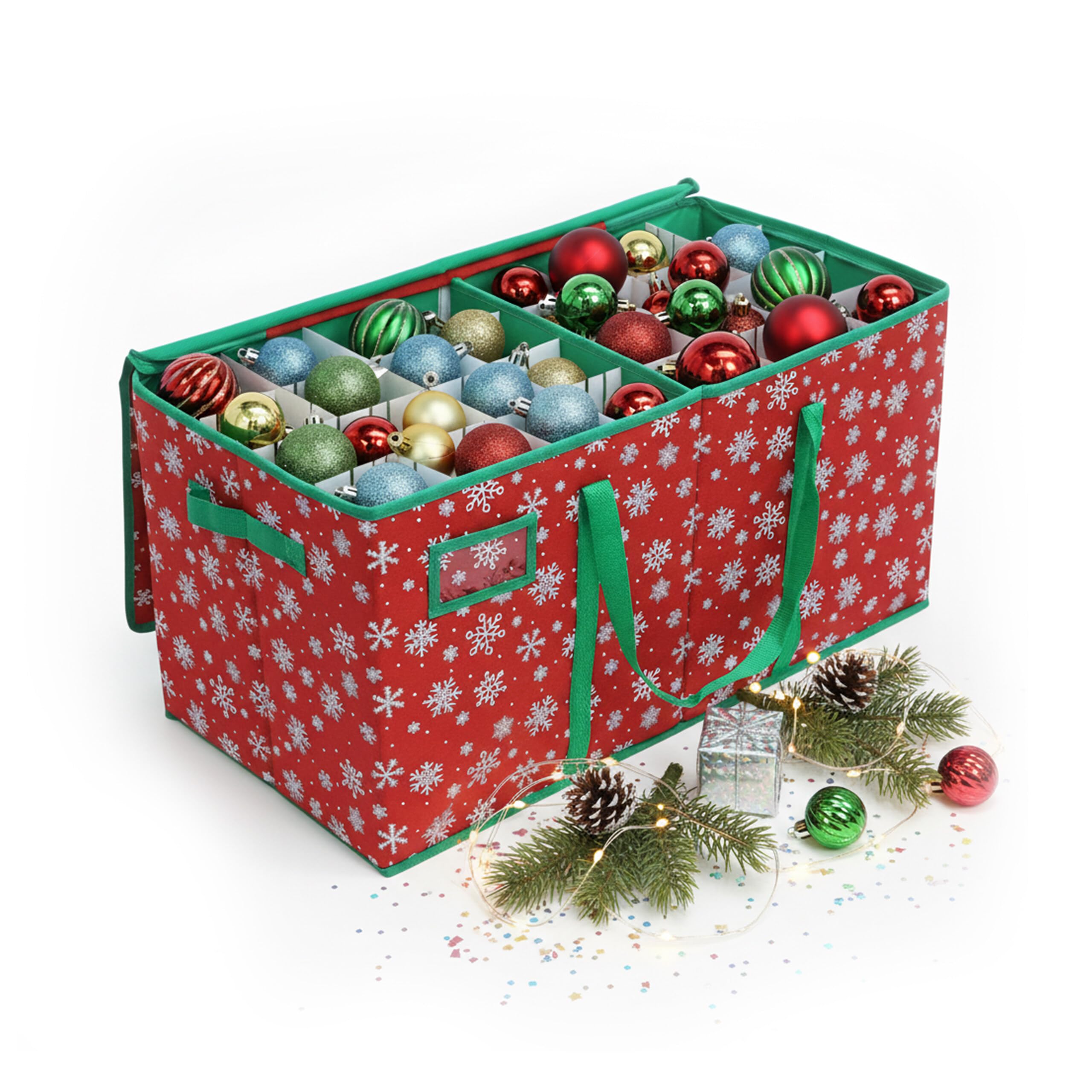 Relaxdays Weihnachtskugel Aufbewahrungsbox, 128 Kugeln, HxBxT: 33 x 66 x 33 cm, Schneeflocken, Vlies, Pappe, rot/grün