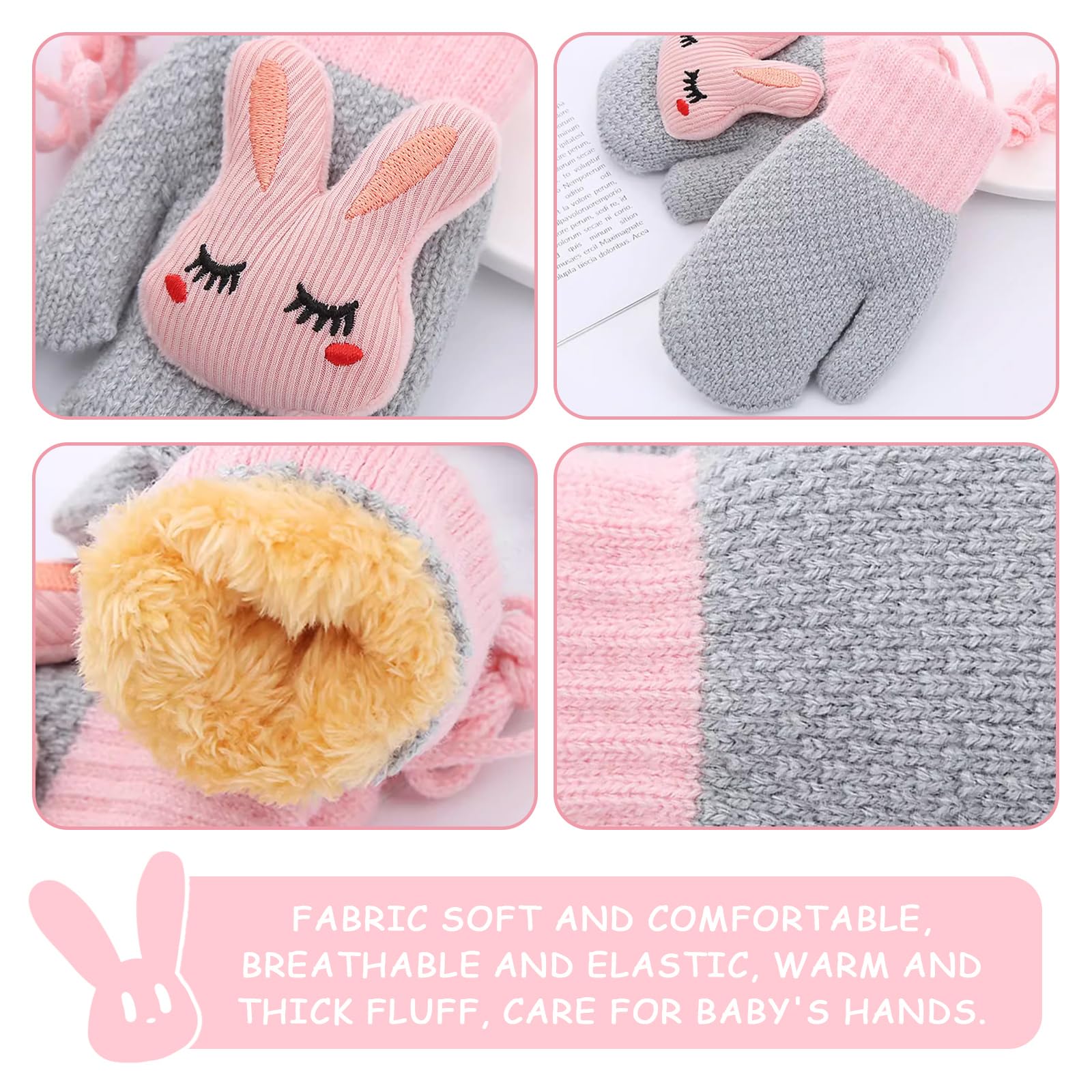 UILYNIU 2 Pares Guantes Invierno Niños, Manoplas Bebe, Guantes Bebé, Guantes Térmicos Bebé, Guantes con Cuerda, Guantes de Punto con Forro Polar, Guantes para Bebé Niños Niñas 0-3 Años