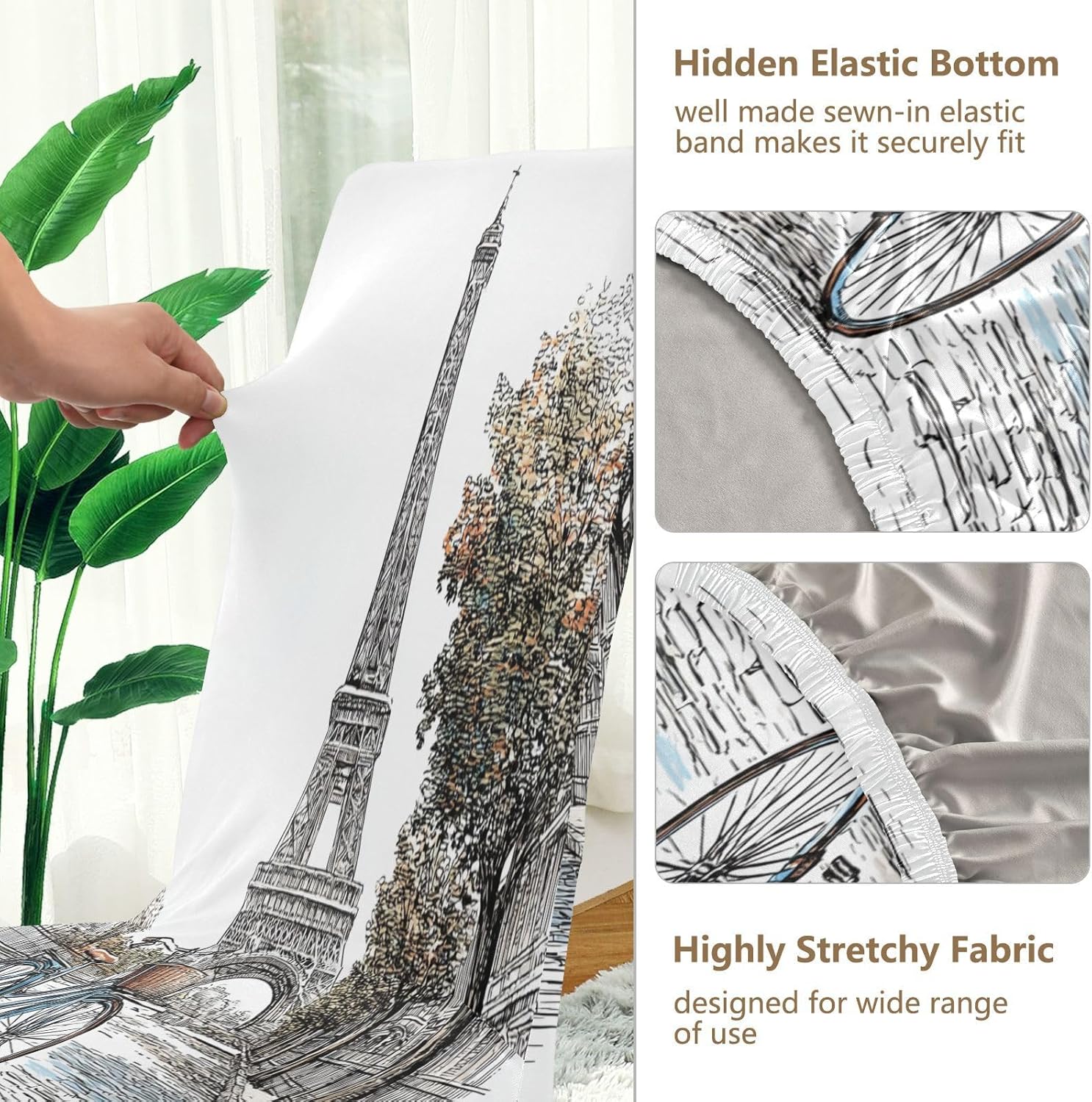 ALAZA Chair Covers for Dining Room, Cartoon Style Paris Eiffel Tower and Bicycle Stretch Chair Cover Sets Chair Protector Removable Washable for Ktichen Restaurant Hotel