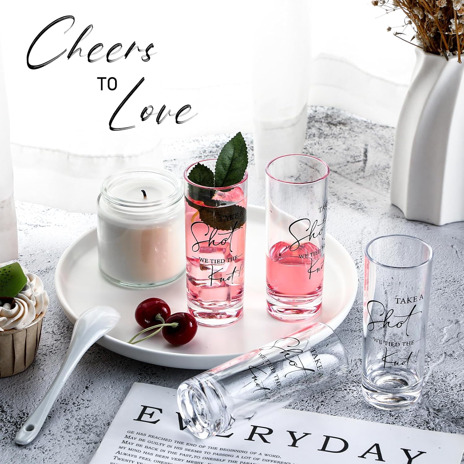 Sliner 72 Pcs Wedding Tall Shot Glasses Set, 2oz Acrylic Take a Shot We Tied the Knot Shot Glasses with Heavy Base, Liquor Bottles Bulk for Whiskey Tequila Vodka Newlyweds Anniversary Bridal Shower