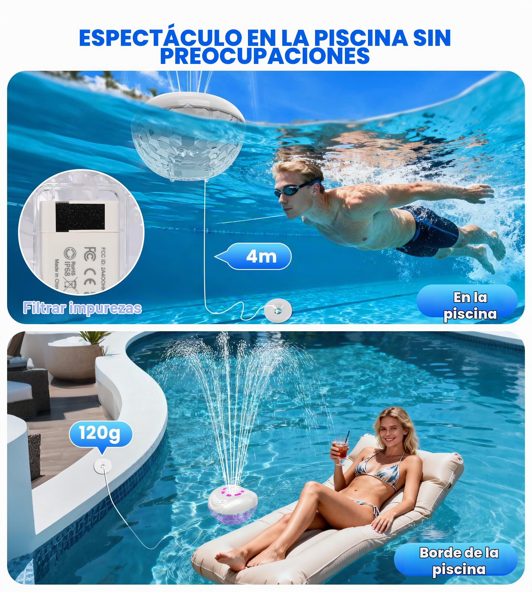 Luxfero 3 en 1 Altavoz Piscina Bluetooth con Fuente & Luces,Altavoz Bluetooth Flotante para Piscina,Altavoces de Impermeable IP68,BT5.4, 360° Sonido Estéreo Altavoz Bluetooth Potente,Fuentes Piscina