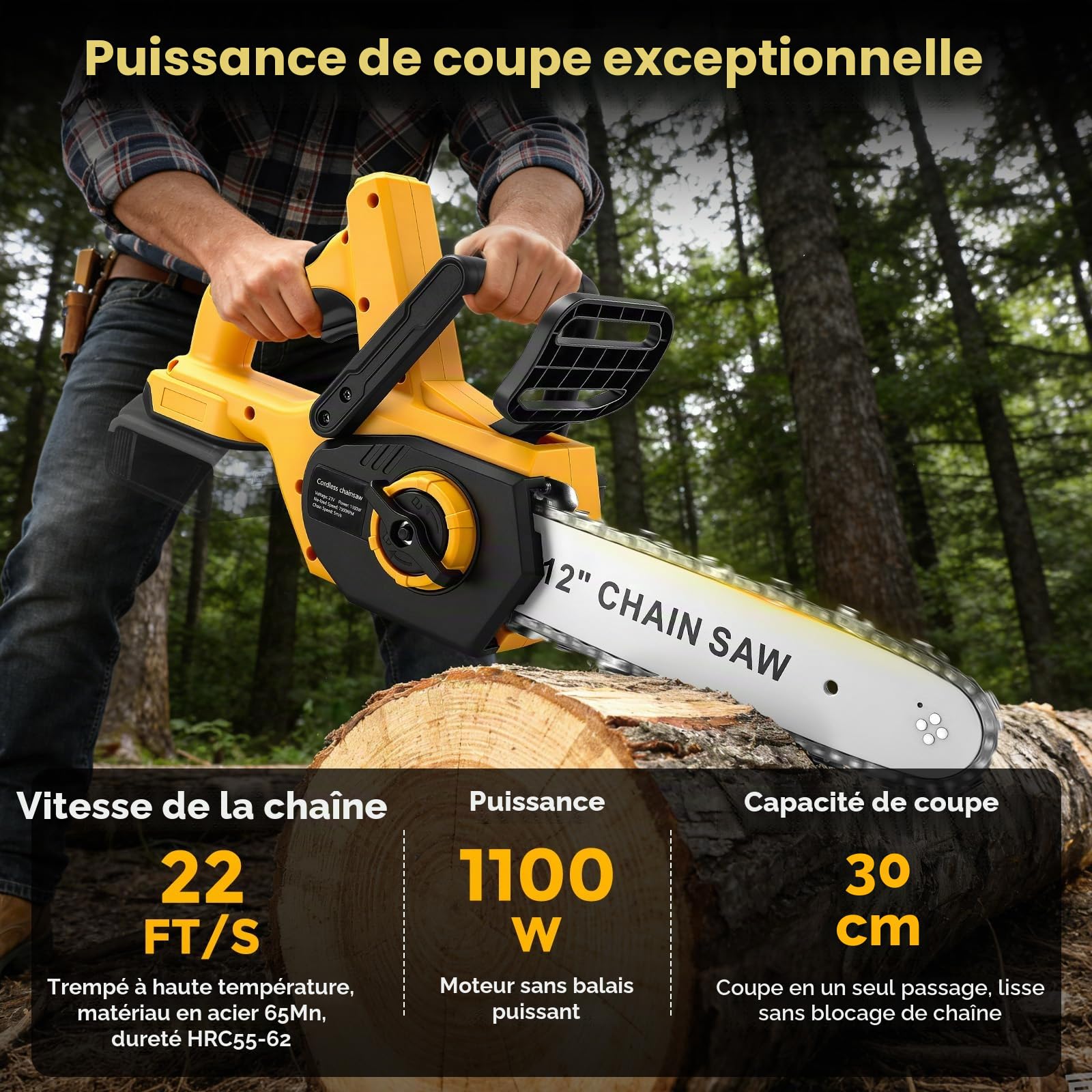 Tronçonneuse sans fil de 30 cm compatible avec batterie Dewalt 20 V, scie à chaîne manuelle sans balais de 30 cm, scies électriques avec 2 chaînes, huileur automatique et tension de chaîne, outil de