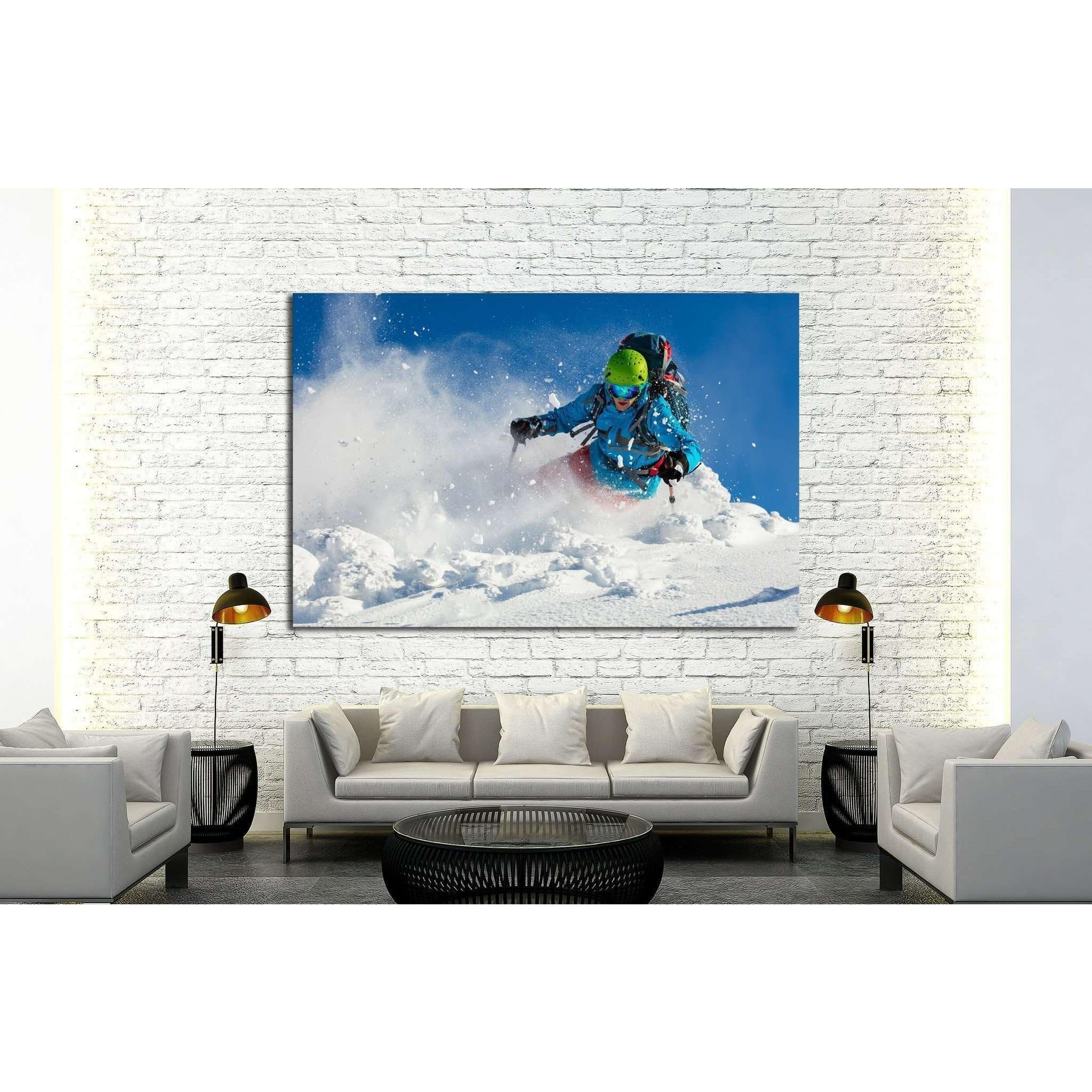 ZELLART Skier №181 - Stampa su tela, pronta da appendere, 3 pannelli, 180 x 120 cm