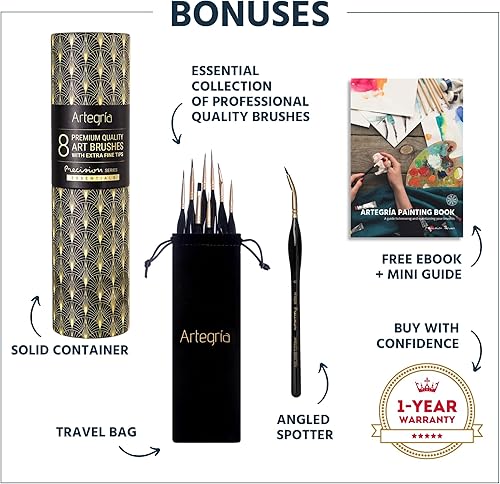 Miniatura 9 de ARTEGRIA Juego de pinceles de pintura para detalles, 8 pinceles de pintura en miniatura, puntas extrafinas, mango ergonómico, foco anguloso para