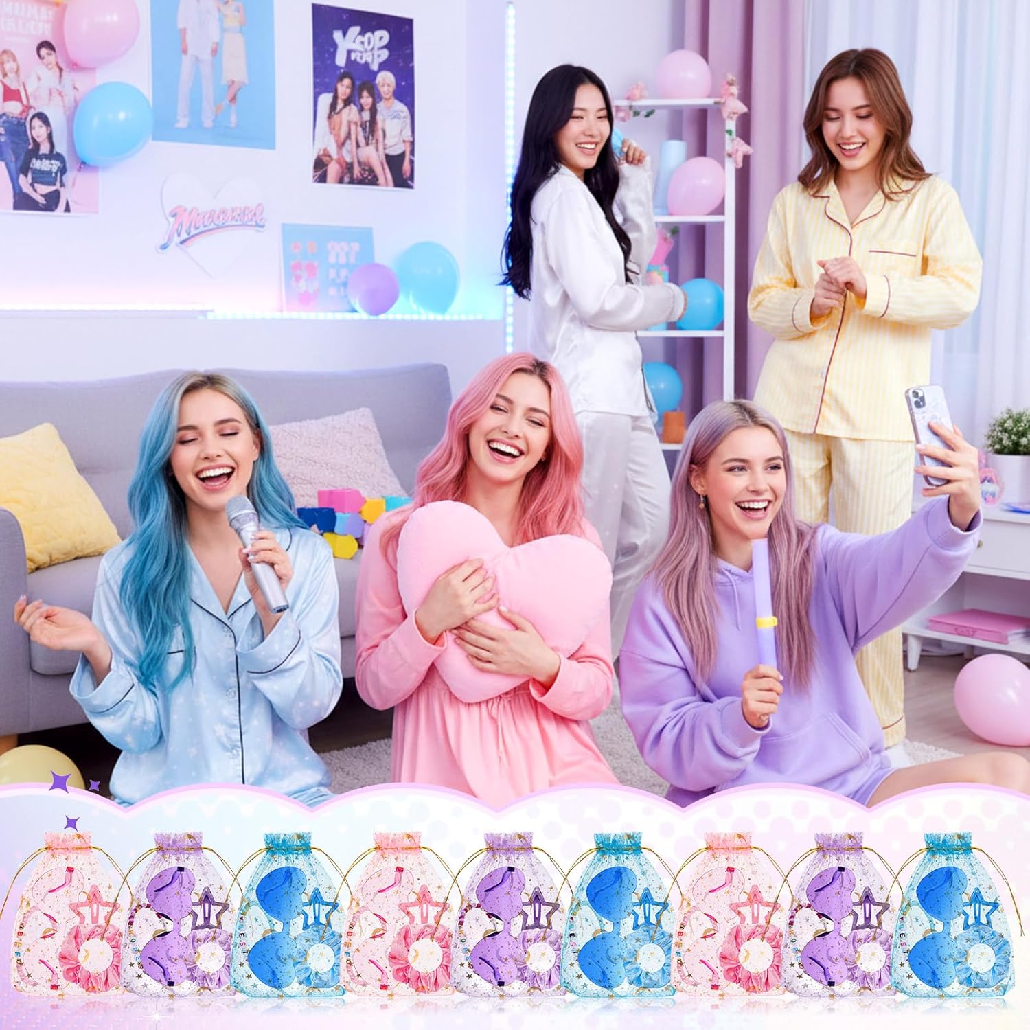 Quelay 162 Pcs/18 Sets Kpop Party Favors Friendship Gifts Includes Scrunchies Hair Clips Bead Bracelets Sunglasses Organza Gift Bags for Popular Singer Party Favors Y2k Fans Birthday(Heart)