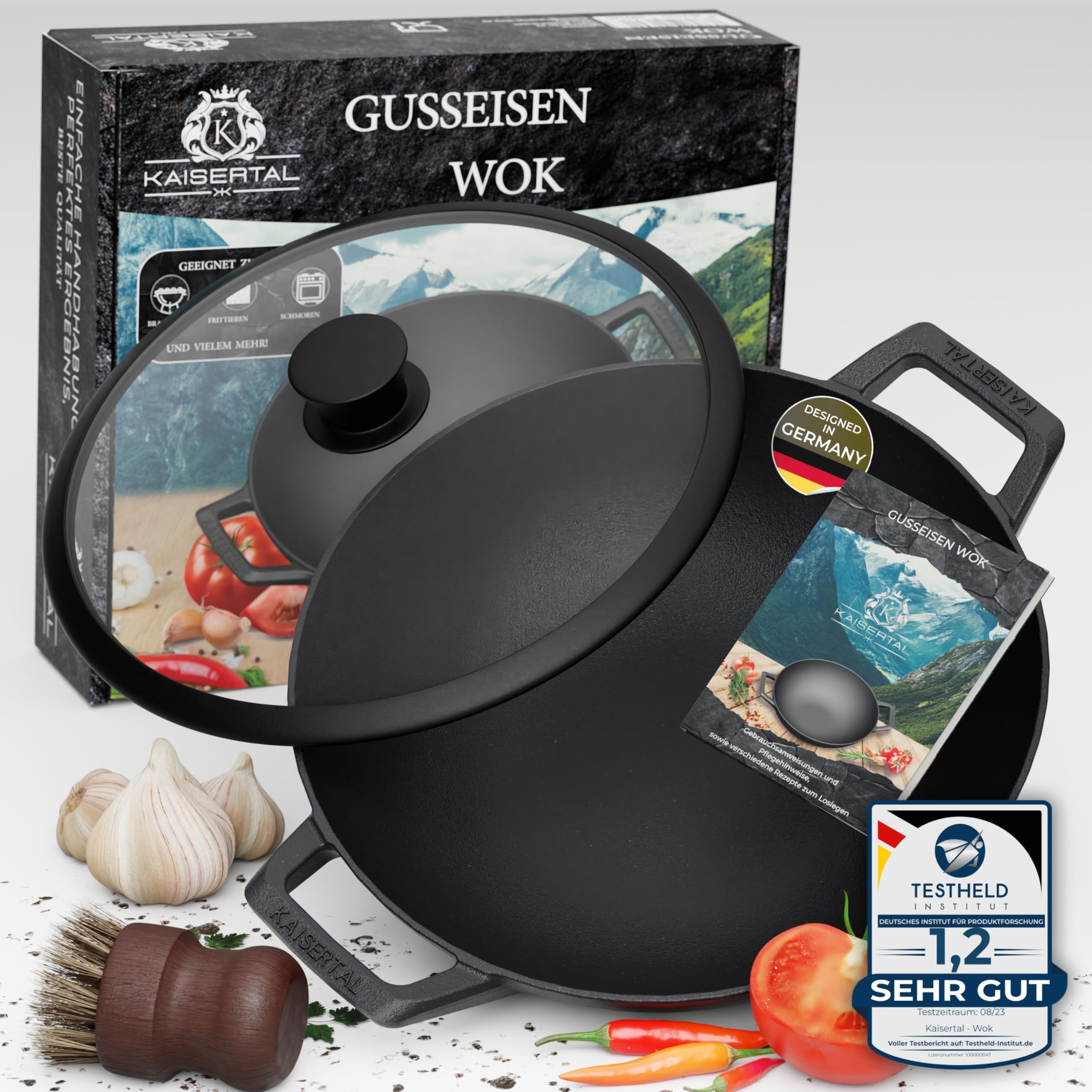 Oakfire Wok Gusseisen 36cm Groß Induktion, Grill Wok Gusseisern Mit Non
