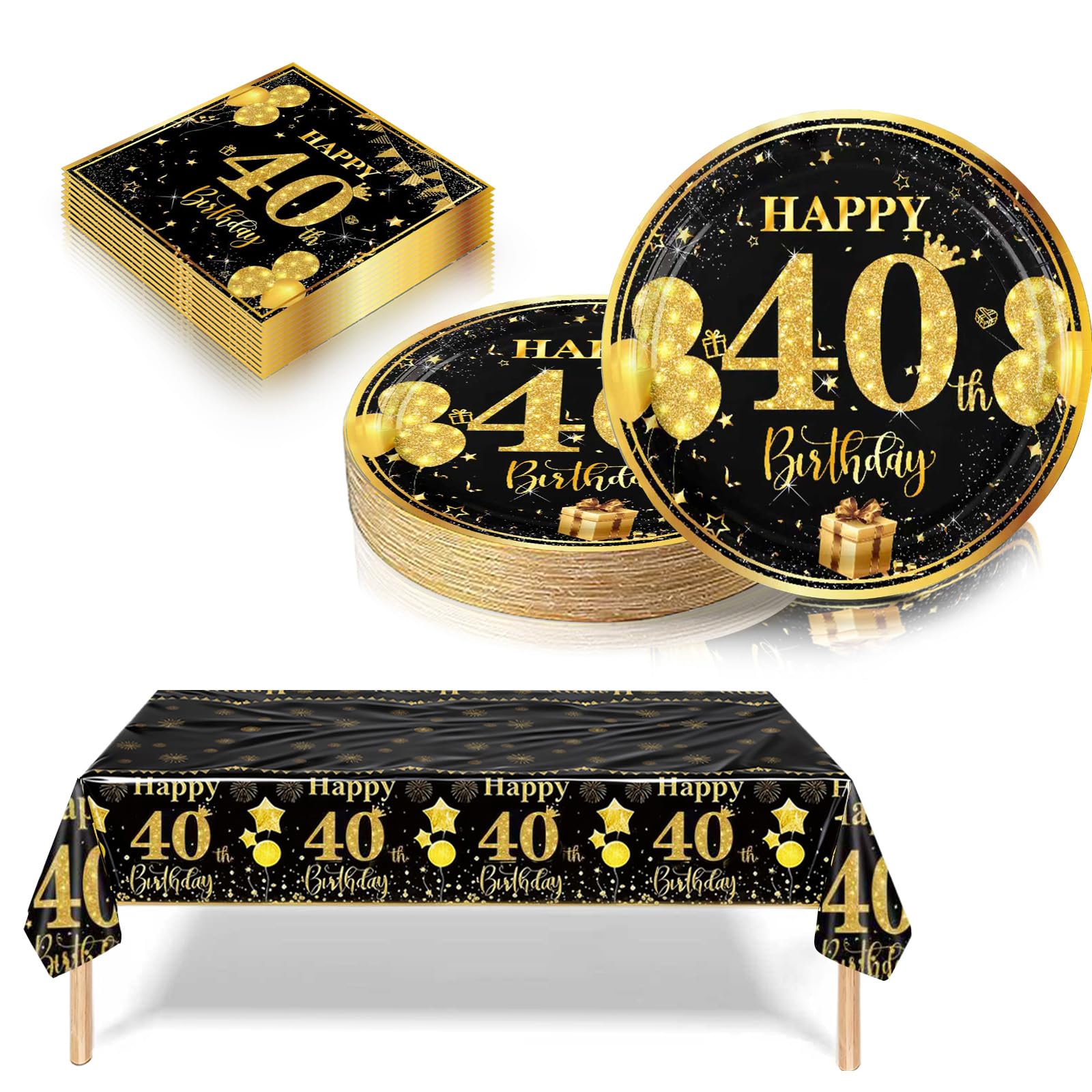 40th Birthday Decorations Black and Gold, 37Pcs Happy Birthday Party Tableware include Paper Plates and Napkins, Plastic Table Cloth for Man Women 40th Party Table Decorations (16 Guest)
