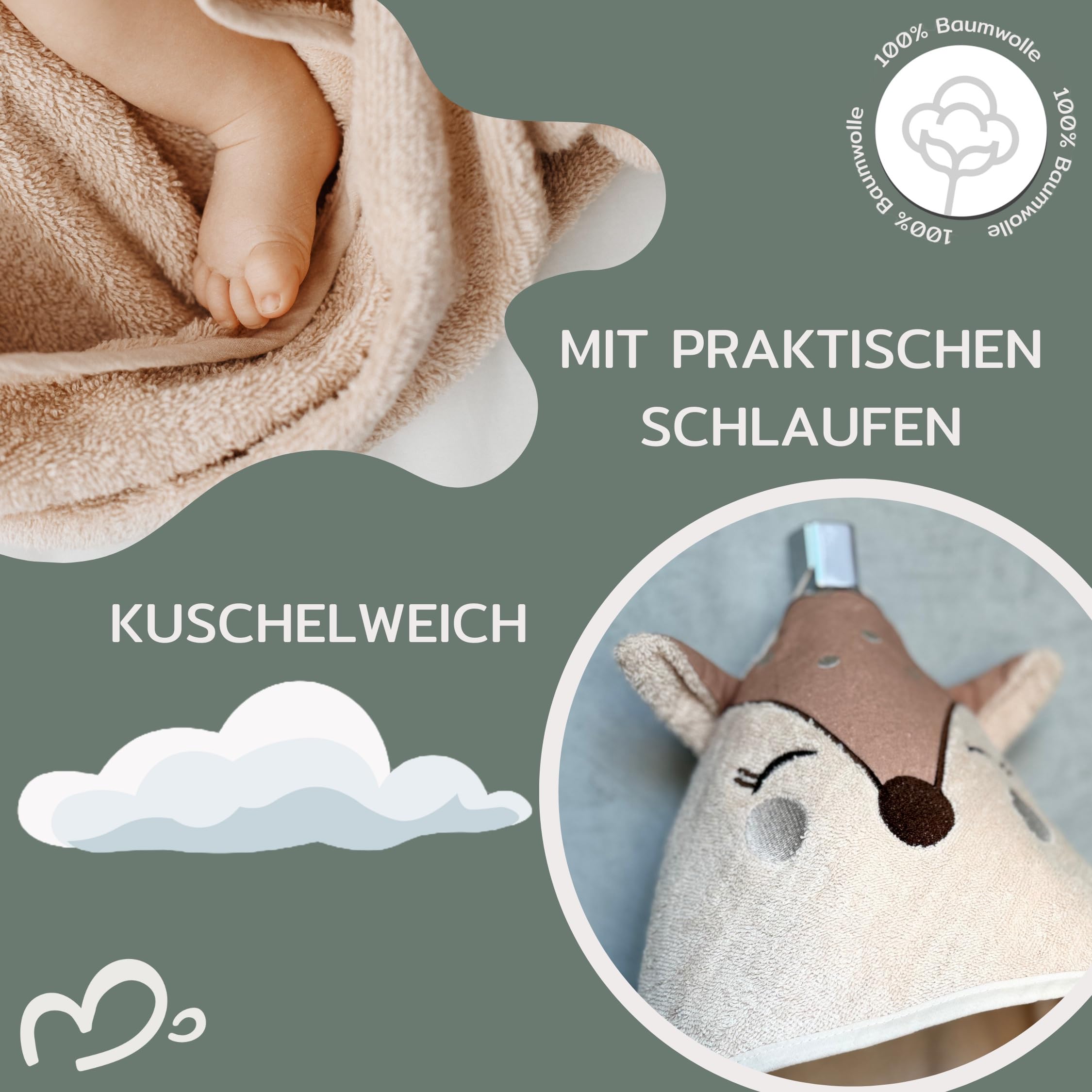 Babyhandtuch mit Kapuze und Waschlappen 100x100 cm – Handtuch Rentier aus 100% Baumwolle - REH Badetuch mit Kapuze - Geschenk Geburt - Baby Erstausstattung Neugeborenen Set