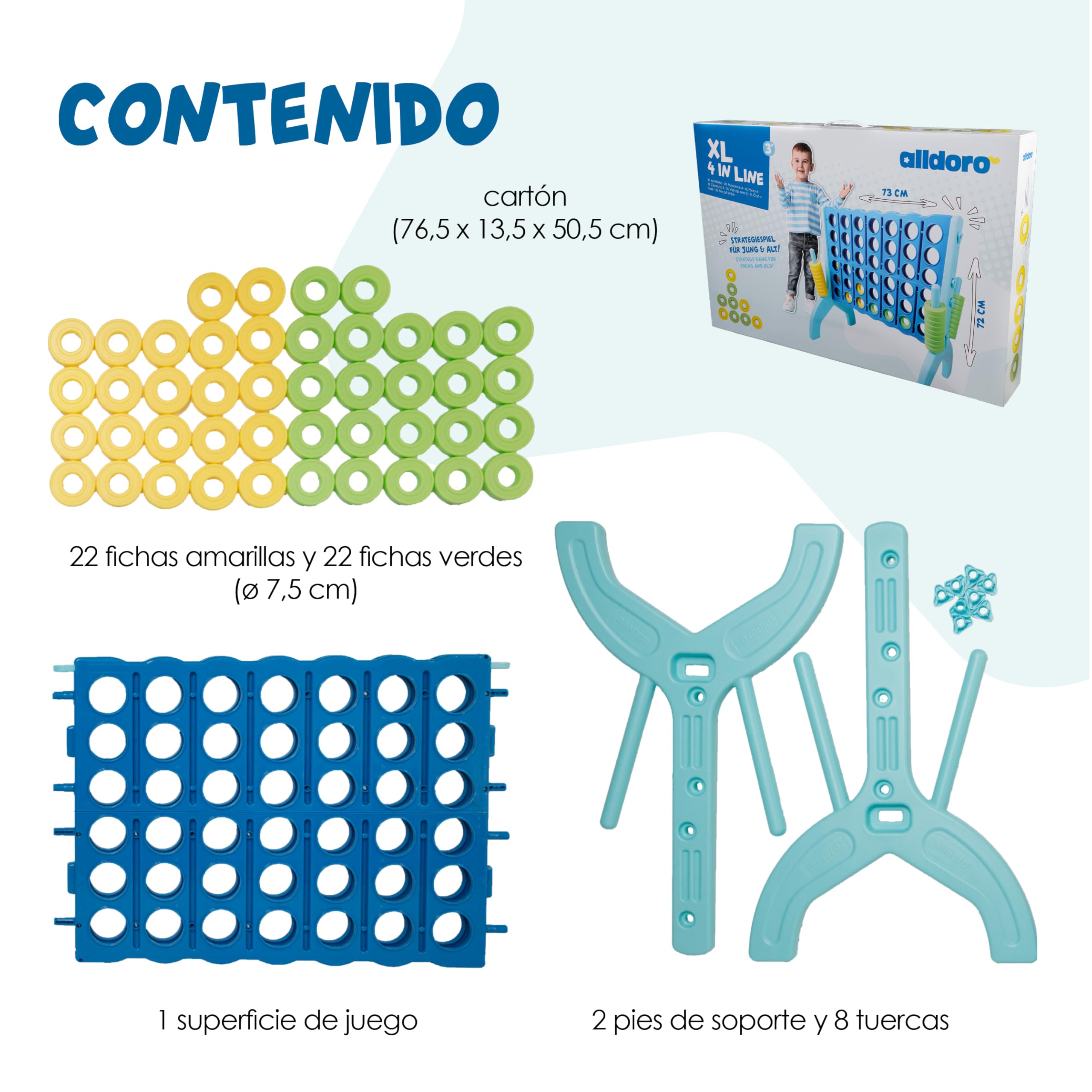 alldoro 60011 XL 4 en Raya, Juego Jumbo 4 Victorias, Colorido Juego de Equipo para niños y Adultos, 73 x 49 x 72,5 cm