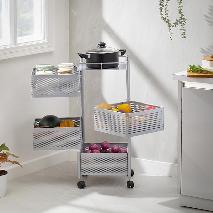 Solimo 360° Revolving 4 Layer Multipurpose Kitchen Trolley Rack with Wheels | Steel Square Organizer | for Fruit, Vegetable Storage | Preassembled | Matte Silver Finish | 31 x 74 cm