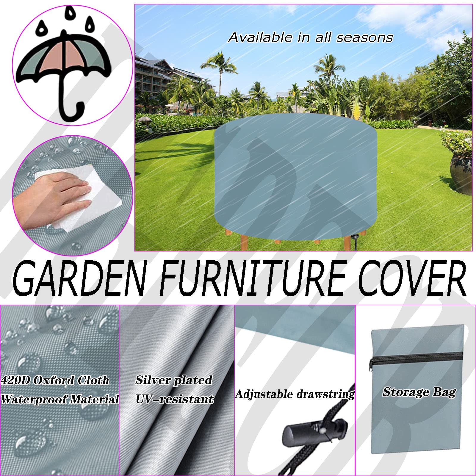 Copertura Per Mobili Da Giardino 170x70 Cm - Tessuto Oxford 420D Impermeabile, Antivento, Anti-UV, Argento