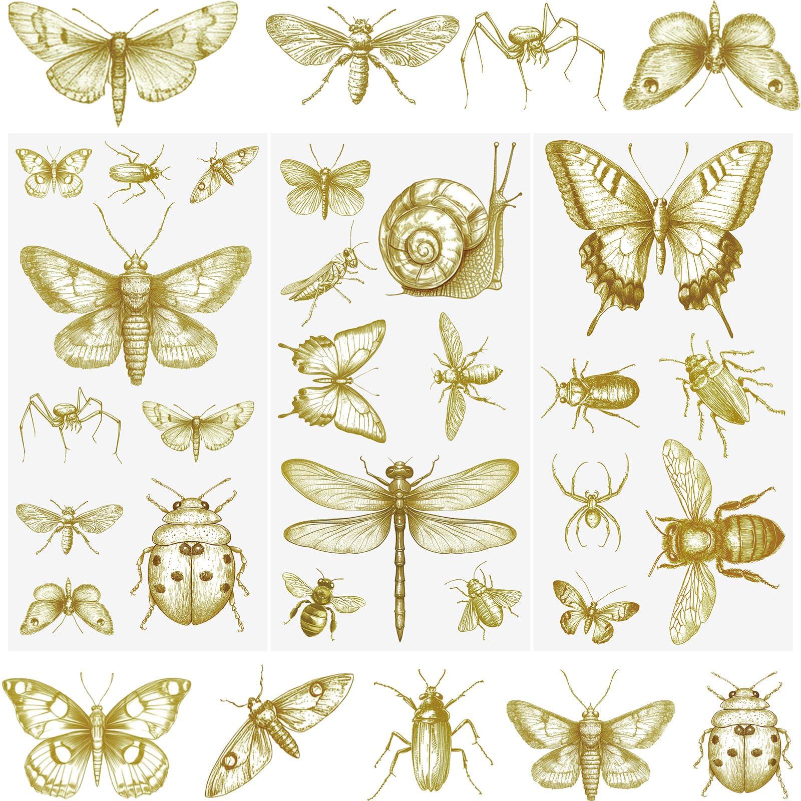 WANDIC 3 Sheets Rub on Transfer Stickers, Gold Decorative Furniture Transfer Decal Butterfly Bee Customized Design Strong Adhesion, for Postcard Scrapbooking Decorations,15 * 30cm
