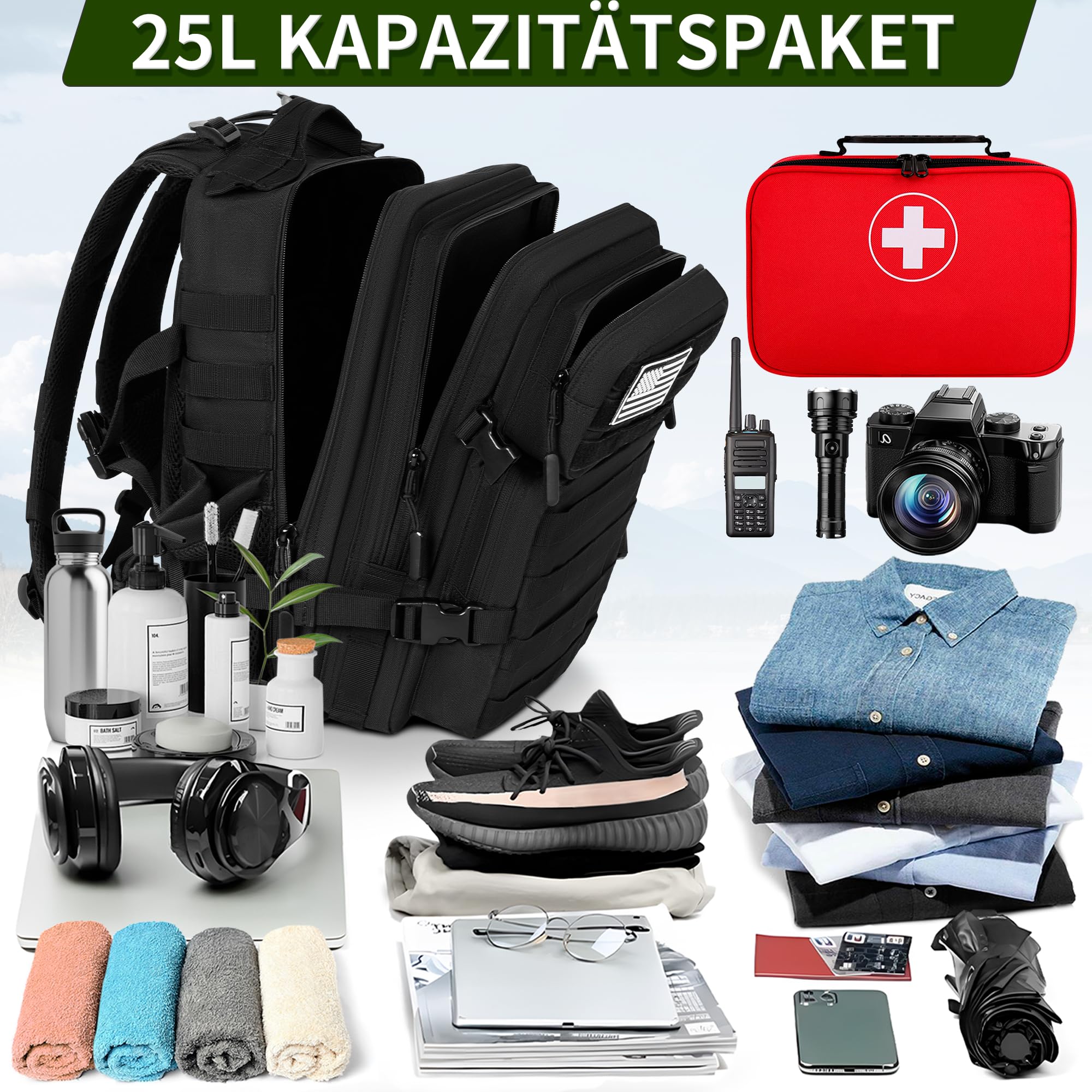 25L Taktischer Rucksack, Outdoor Große Kapazität Assault Pack Bag, Schwarz | Nylon Jagdrucksack,Rucksack für Wandern,Wanderrucksack, Go Bag Rucksack Trekking,Camping und Outdoor Aktivitäten,Wasserdicht