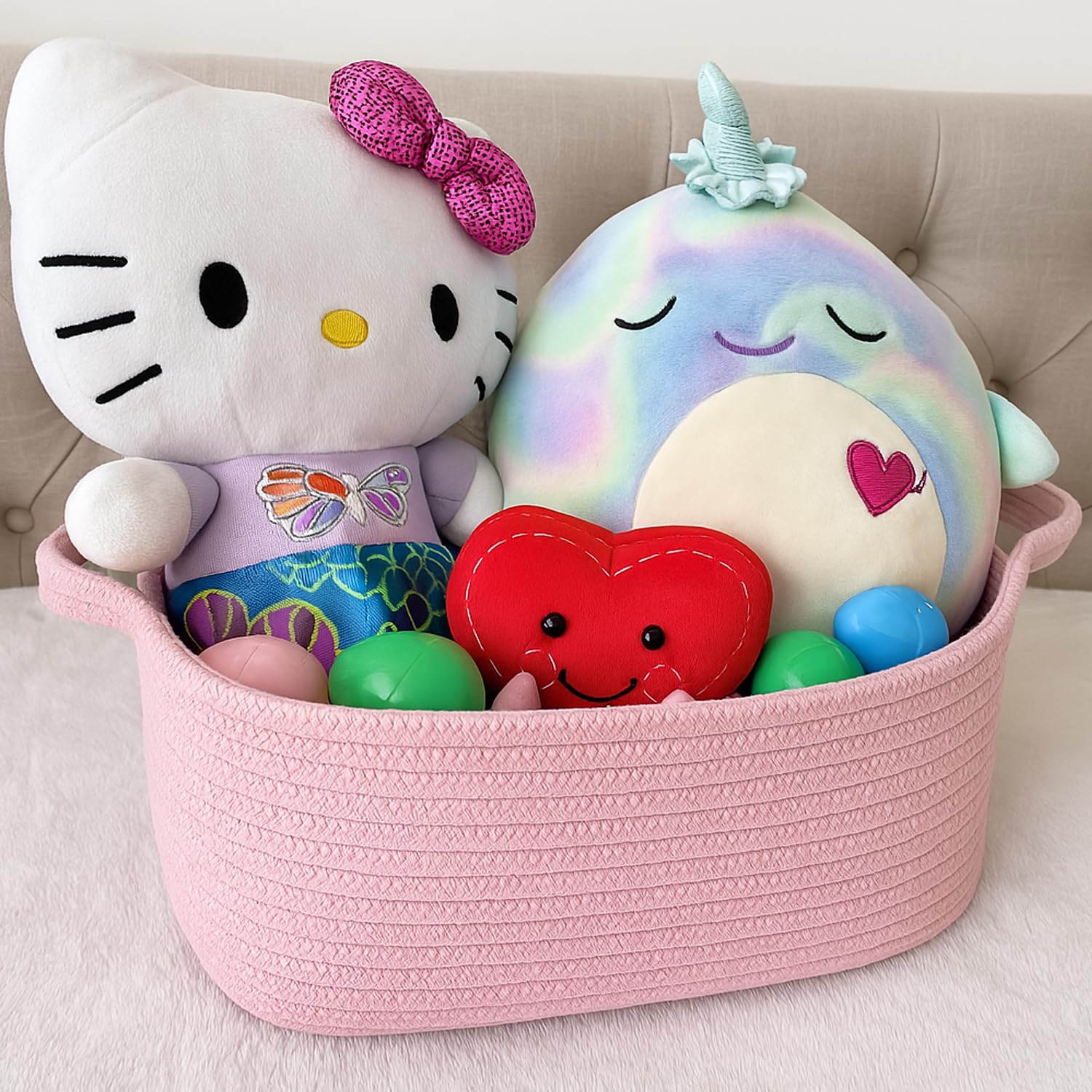 Cesta de regalo tejida rosa – Cestas organizadoras de cuerda de algodón de 15 x 10 x 5 pulgadas para artículos de bebé o juguetes para gatos y perros – Lindo contenedor de almacenamiento 5
