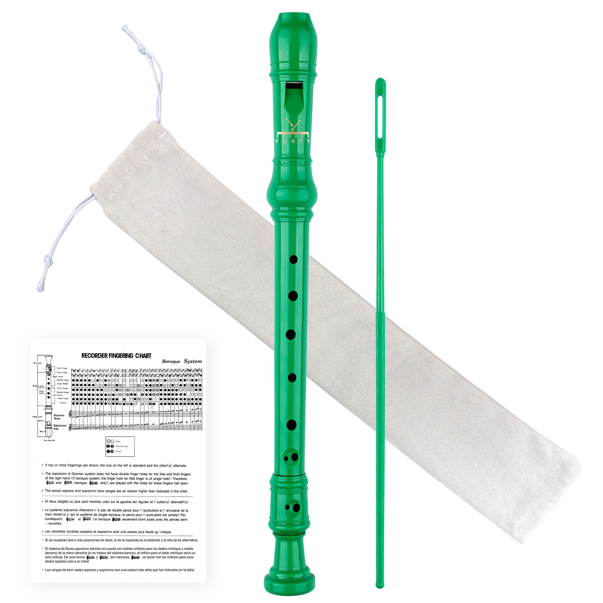 YONTY Soprano Recorder 8-Hole Instrument for Beginners Kids Students, German Style C Key Flute with Cleaning Rod & acking Bag for Education & Entertainment - Green
