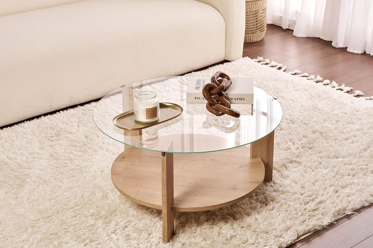 Stylish Coffee Table, Sapphire Oak & Transparent, 75 x 40 x 75 cm, 100% Tempered Glass Top, 100% Melamine Coated Frame, Durable & Modern Design