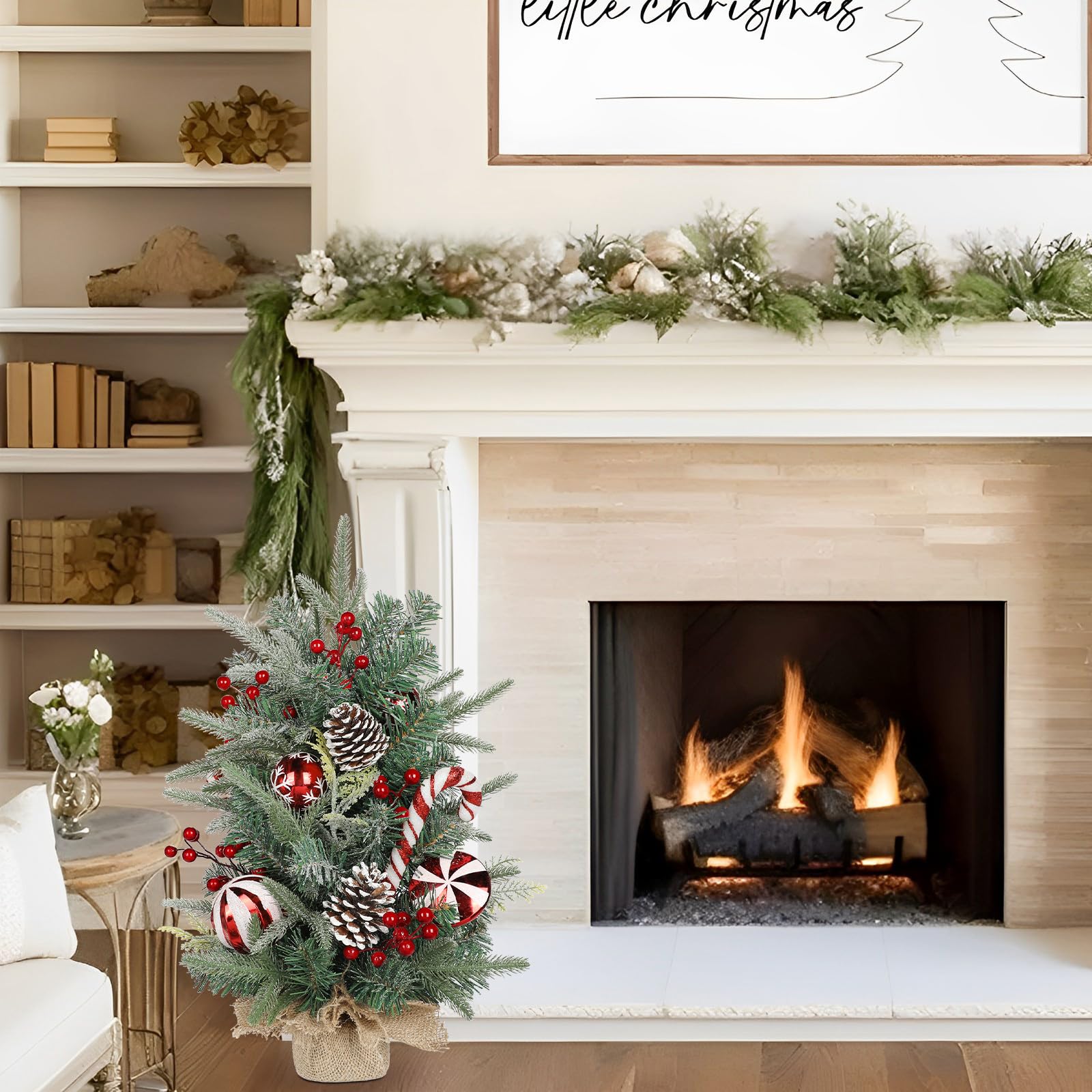 22 inch Small Christmas Tree Tabletop Artificial Christmas Tree Decorations with 5 Ornaments Balls, 2 Candy Canes, Pine Cones Berries Xmas Tree for Home Indoor Fireplace Mantel Desk Centerpieces Decor