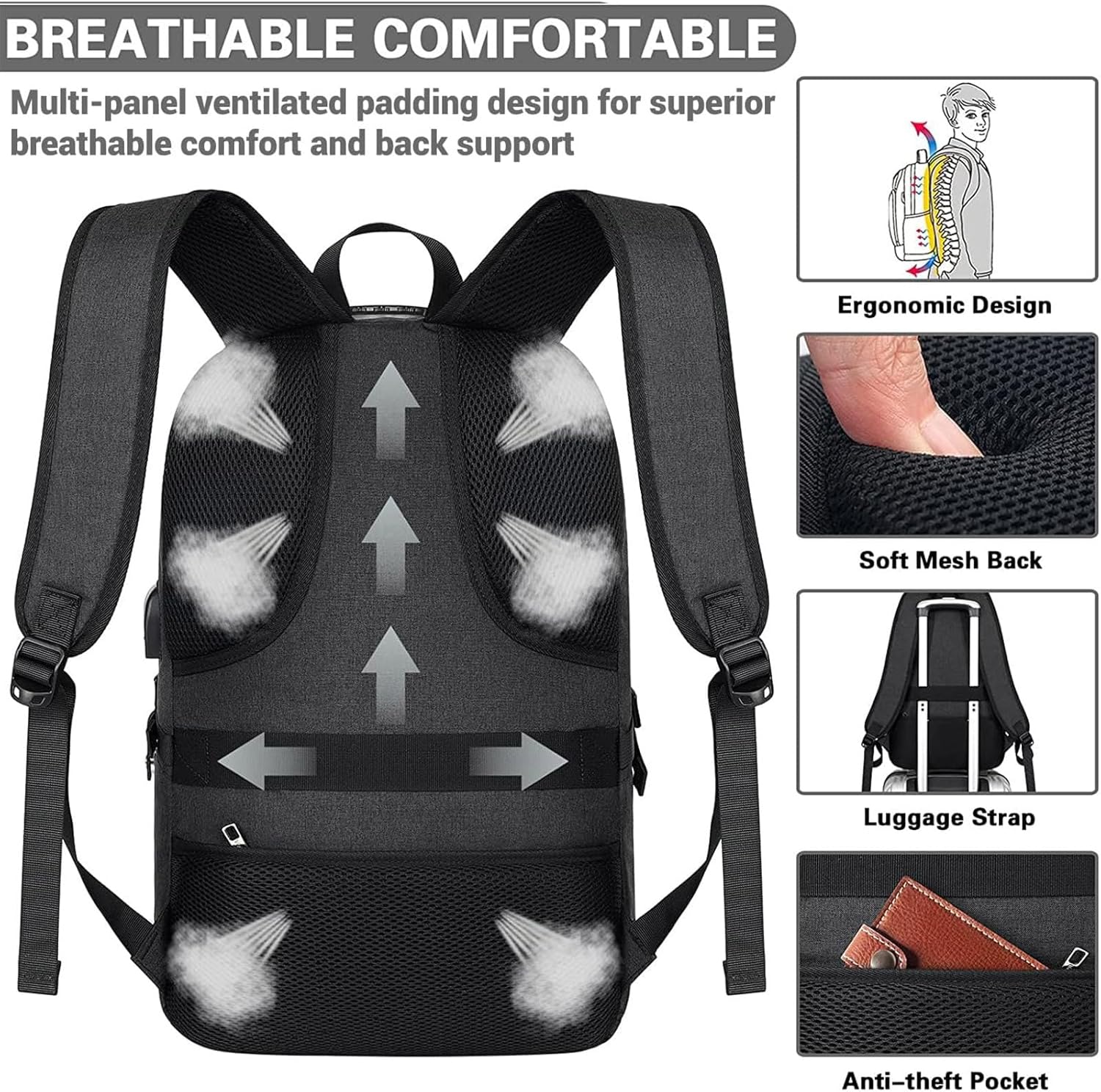 Travel Laptop Backpack, 17.3 inch Anti Theft Business Laptop Backpack with USB Charging Port and Headphone Interface, Computer Backpack for College School Student Work Men & Women - Image 6