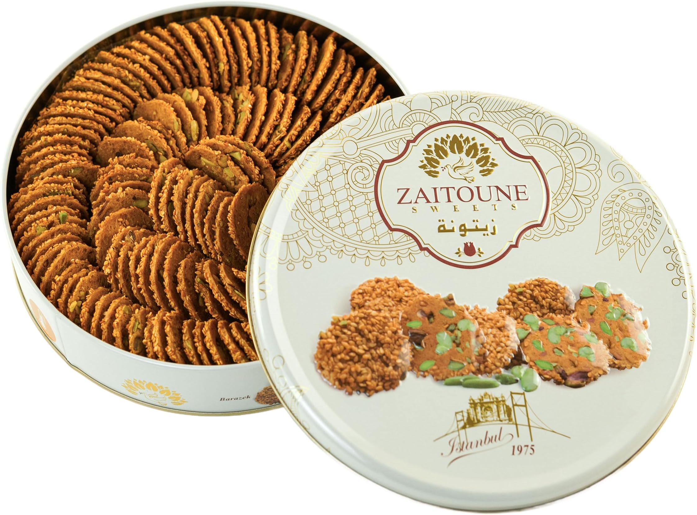 Zaitoune Barazek Cookies - 18 oz | Luxurious Crunchy Sesame & Pistachio Cookies Handcrafted in Turkey | Beautiful Reusable Gift Tin | Perfect for Coffee or Tea | Great Sharing Present