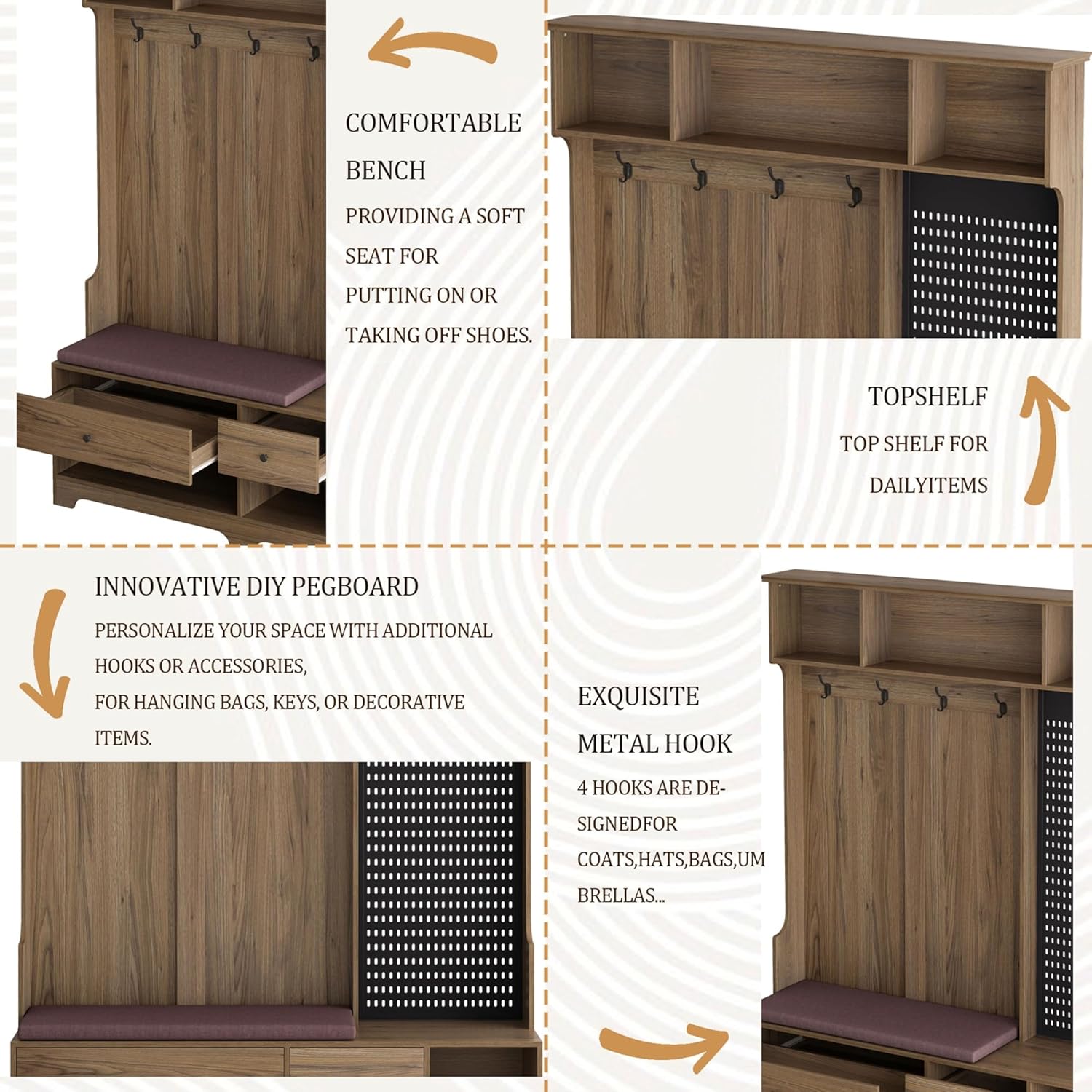 Multi-Purpose Hallway Hall Tree with Removable Linen Cushioned Entryway Bench, Coat Rack, Storage Shelves, and DIY Pegboard,for Hallways(Brown)