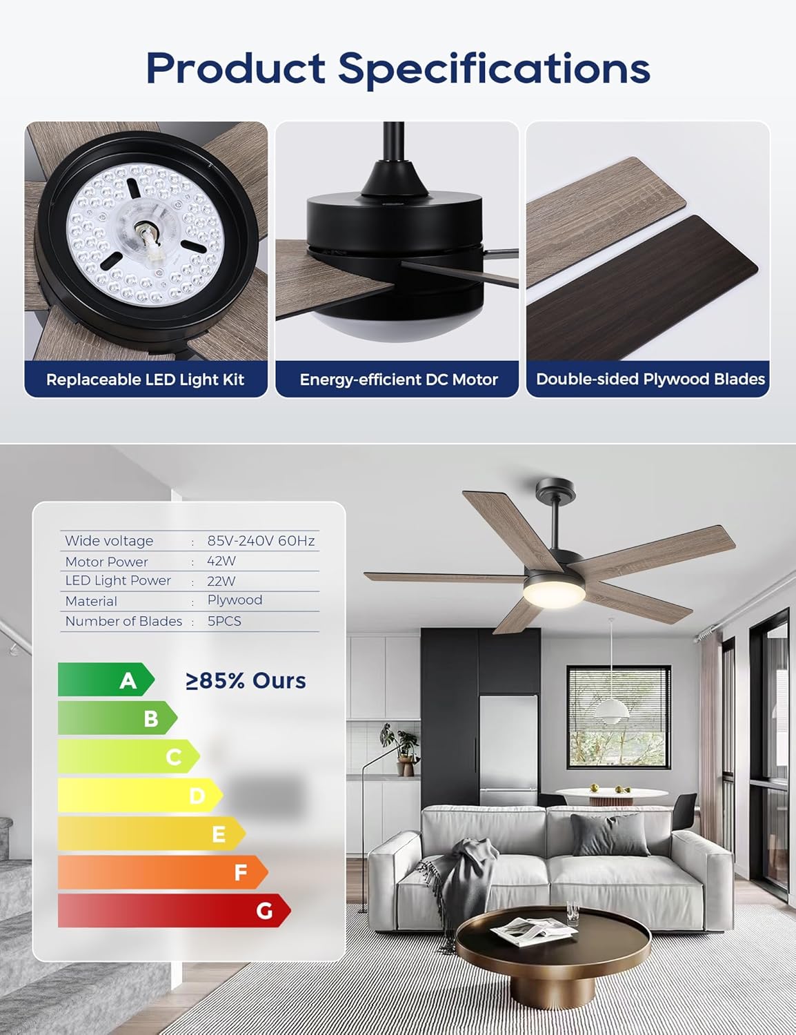 Ceiling Fans with Lights and Remote, 52 inch Ceiling Fans with Flush Mount, 22W 3-Color LED Light, 6 Speed Reversible, Dual Finish 5 Blades Noiseless for Patio, Living room, Indoor/Outdoor Use, Brown