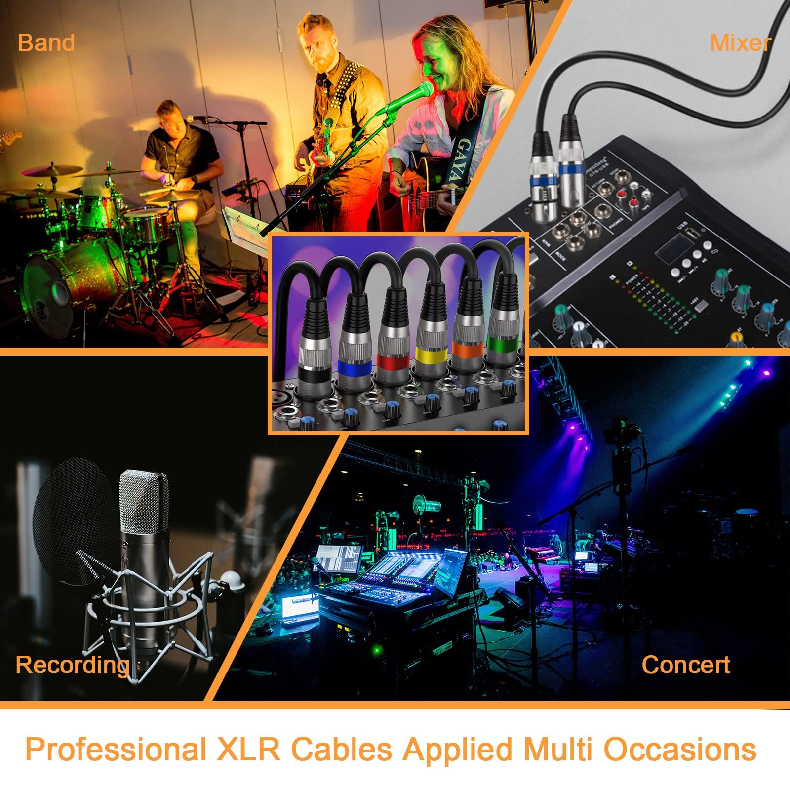 XLR-Kabel, 3 m, 6 Stück, vergoldet, 3-polige Mikrofonkabel, 3 m, XLR-Stecker auf Buchse, Farbstecker, XLR-Mikrofonkabel, symmetrisches Mikrofonkabel, ideal für Mikrofon, Mixer